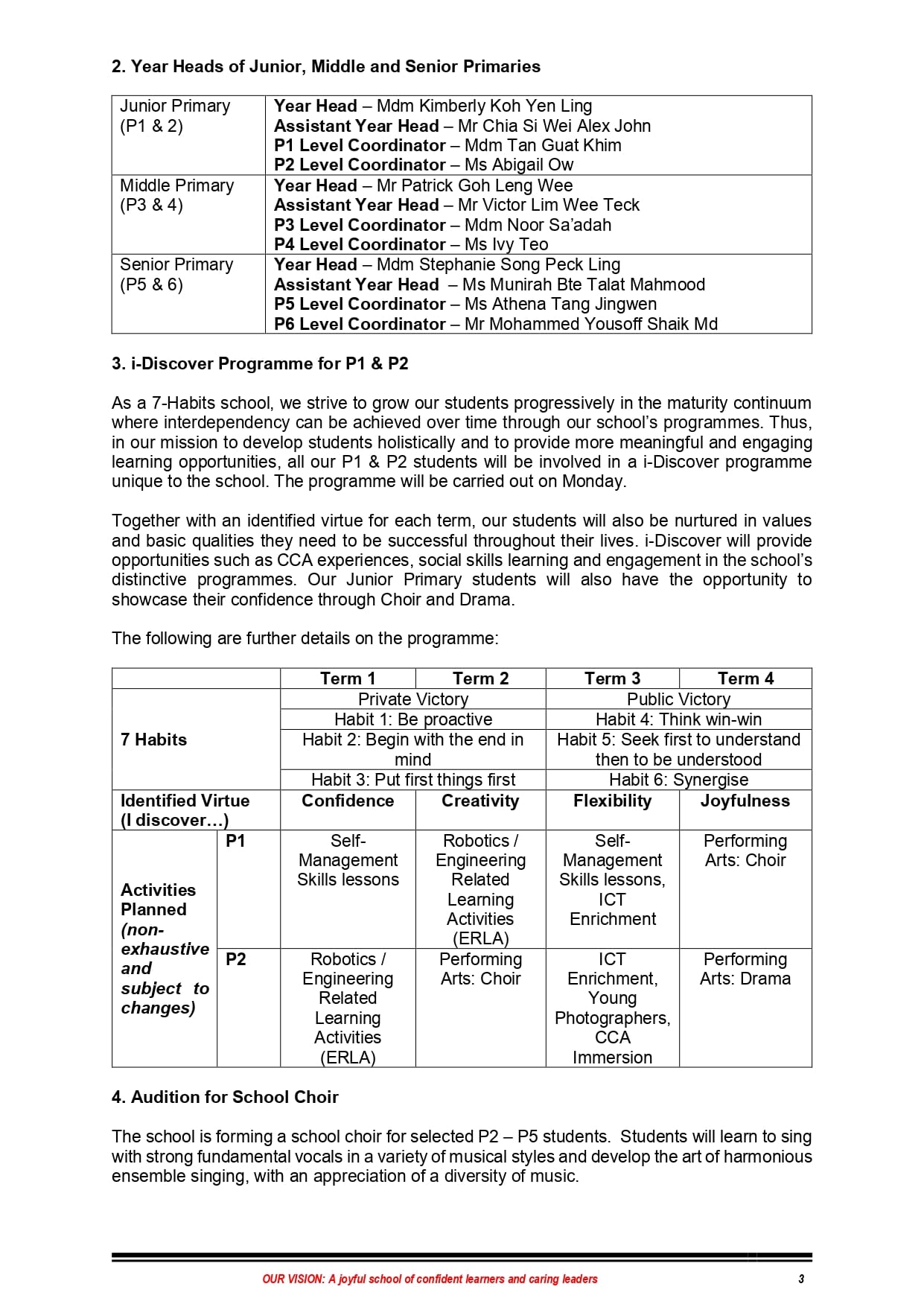Page 3 of a school document listing year heads, i-Discover programme details, and choir audition info in tables and paragraphs.