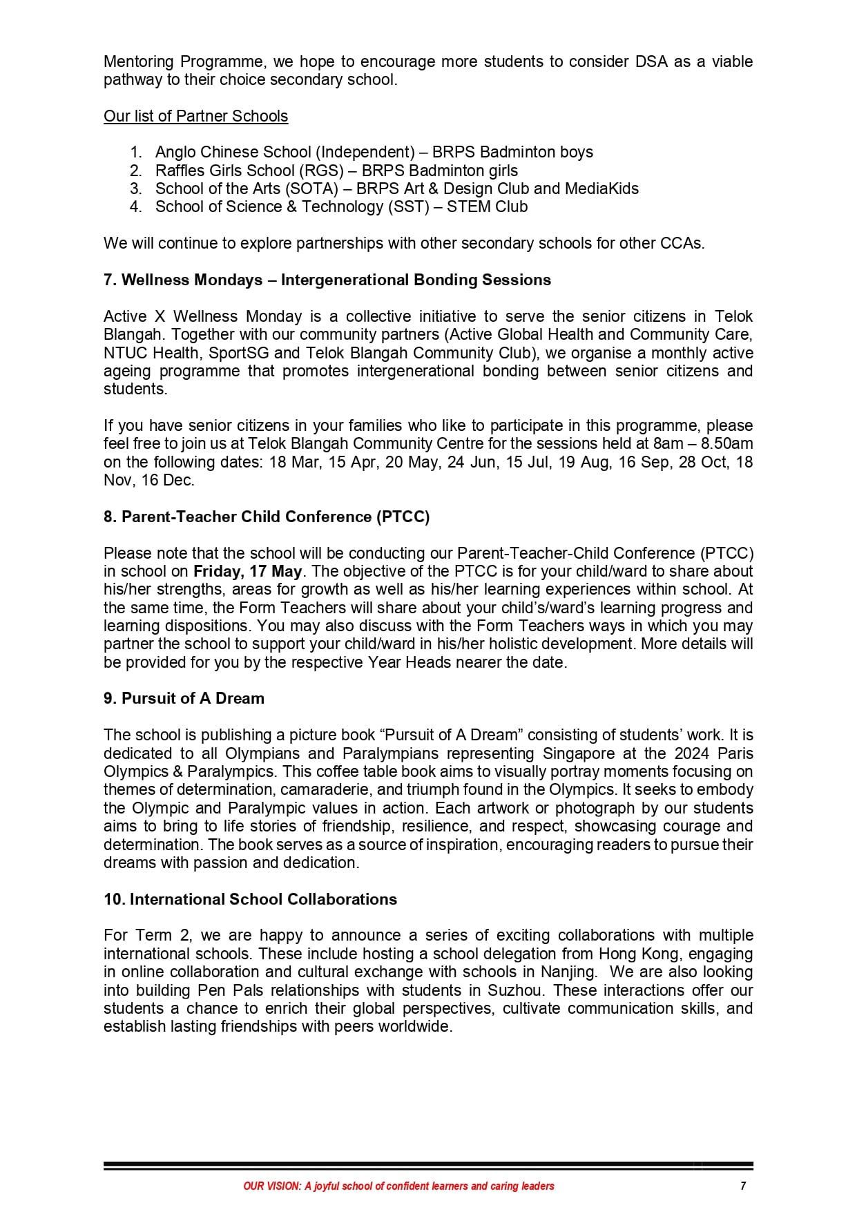 Page 7 of a school newsletter with sections on partner schools, wellness programs, PTCC, and international collaborations.