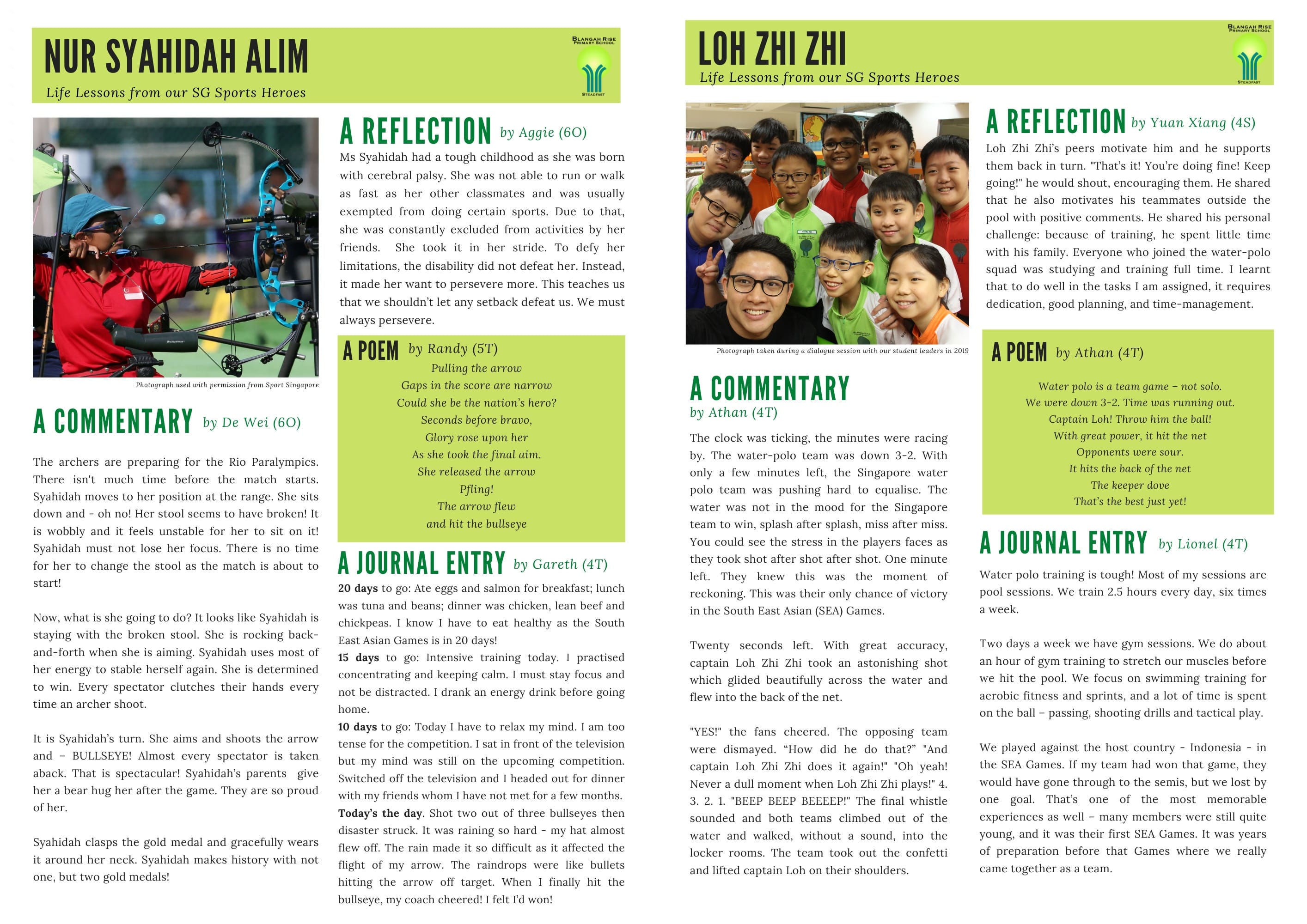 A school newsletter page featuring student writings about Singapore sports heroes Nur Syahidah Alim and Loh Zhi Zhi.