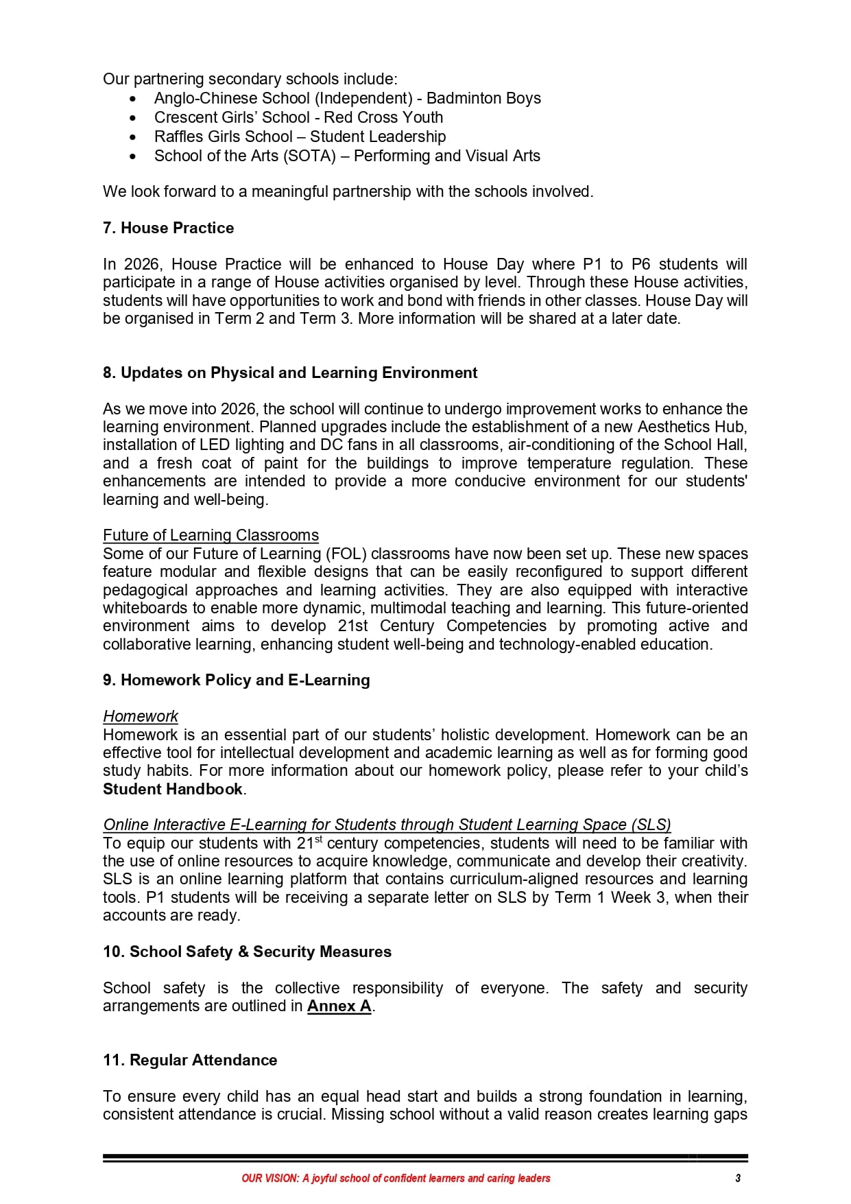 Page 3 of a school document covering House Practice, learning environment updates, homework policy, safety, and attendance.