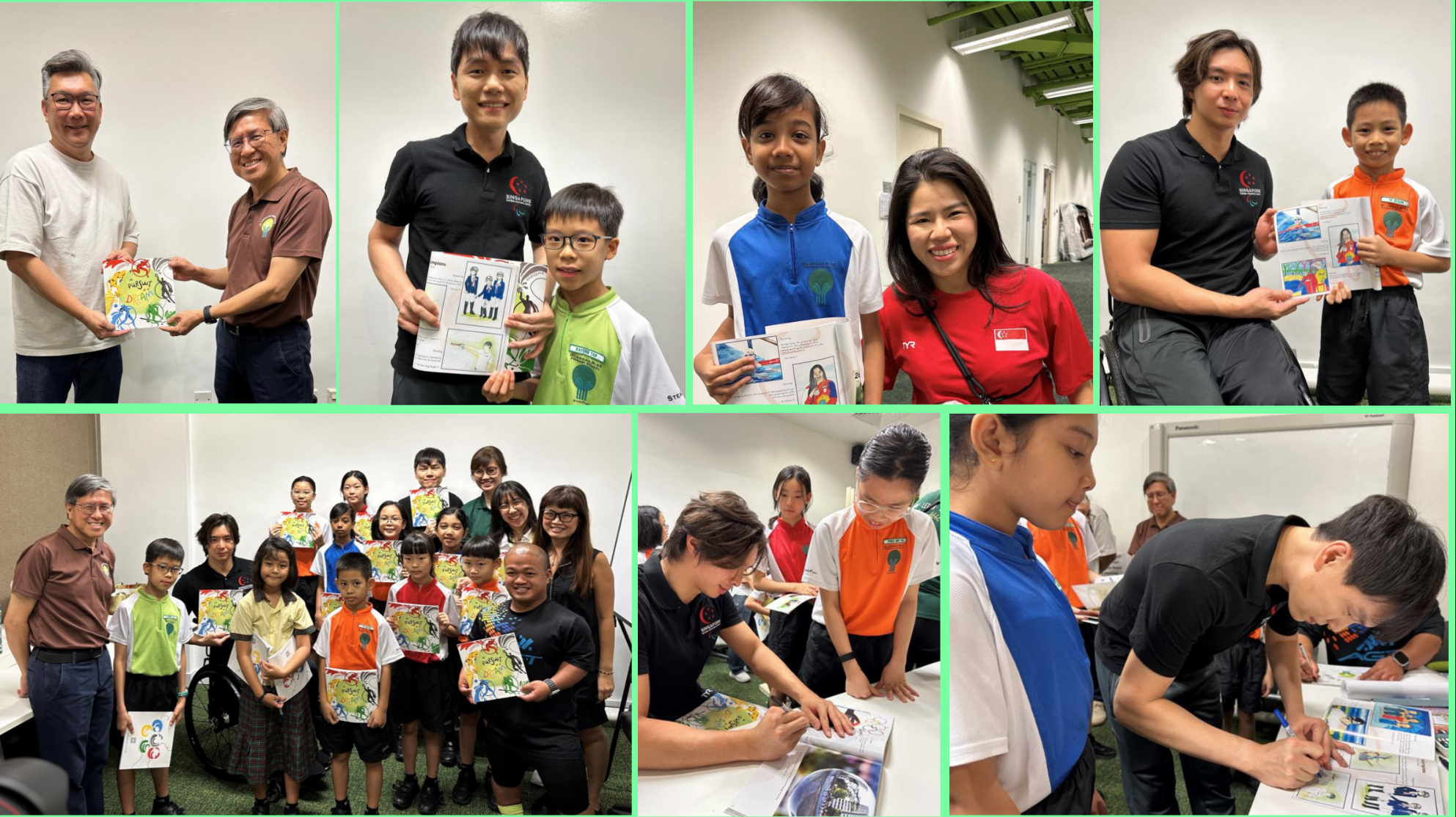 Adults and children pose together holding colorful books and artwork, while athletes sign autographs for young fans.