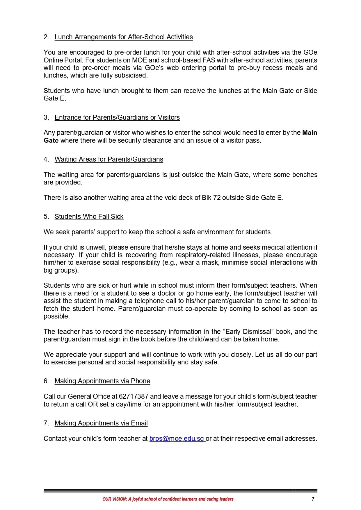 Page 7 of a school handbook covering lunch arrangements, visitor entry, waiting areas, sick students, and appointment contacts.