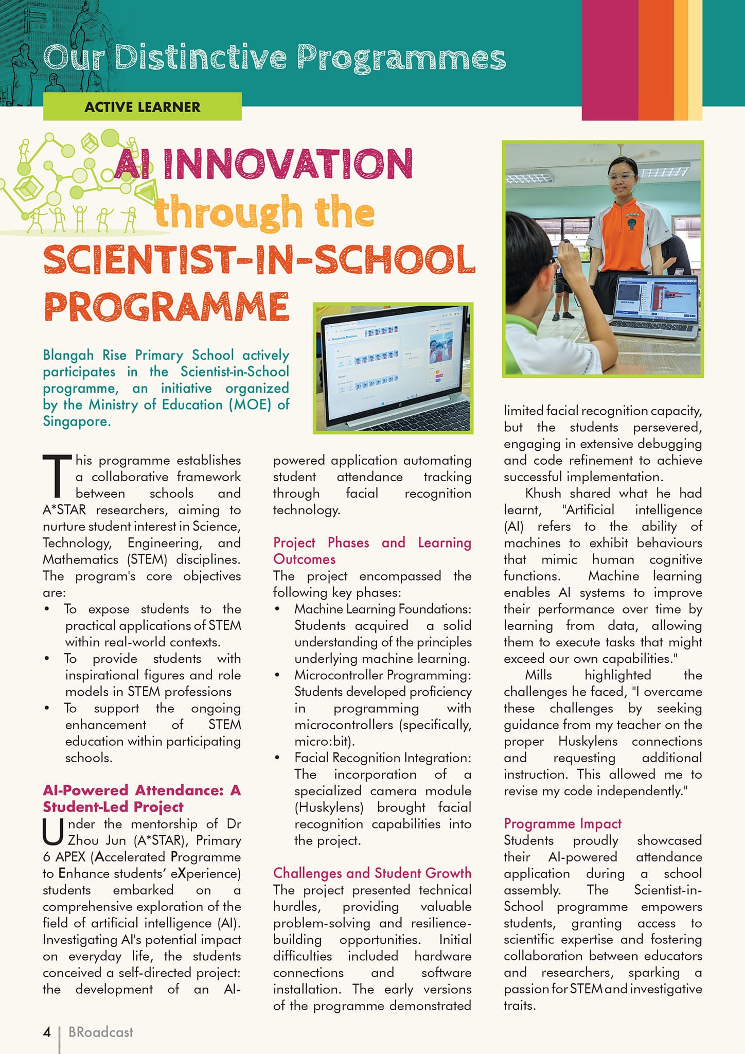School newsletter page about AI Innovation through the Scientist-in-School Programme with text and student photos.