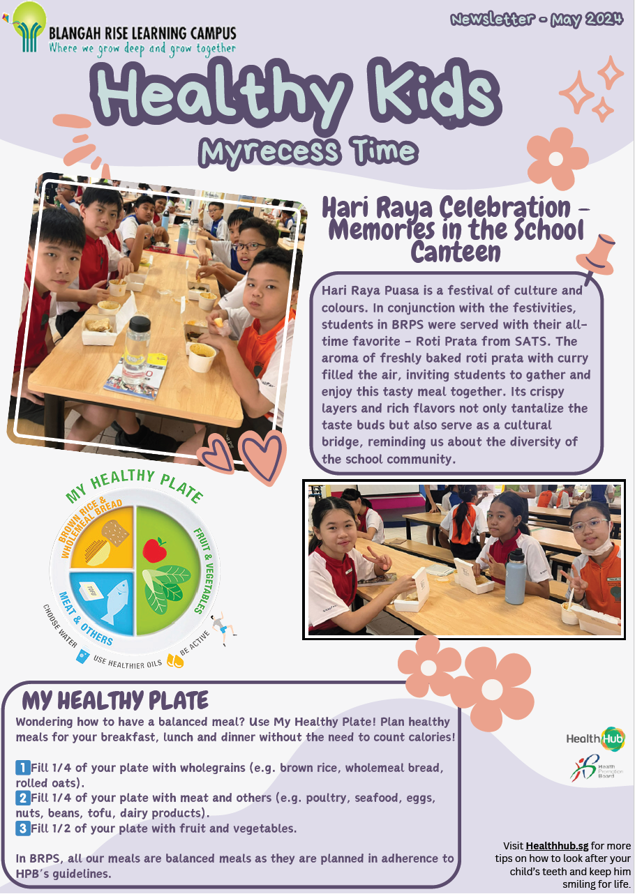 May 2024 school newsletter titled Healthy Kids featuring students eating at canteen tables and a healthy plate diagram.