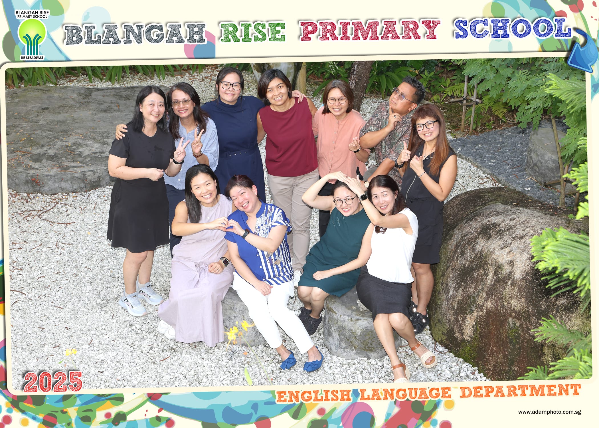 Group of nine staff posing outdoors under Blangah Rise Primary School banner, 2025 English department.