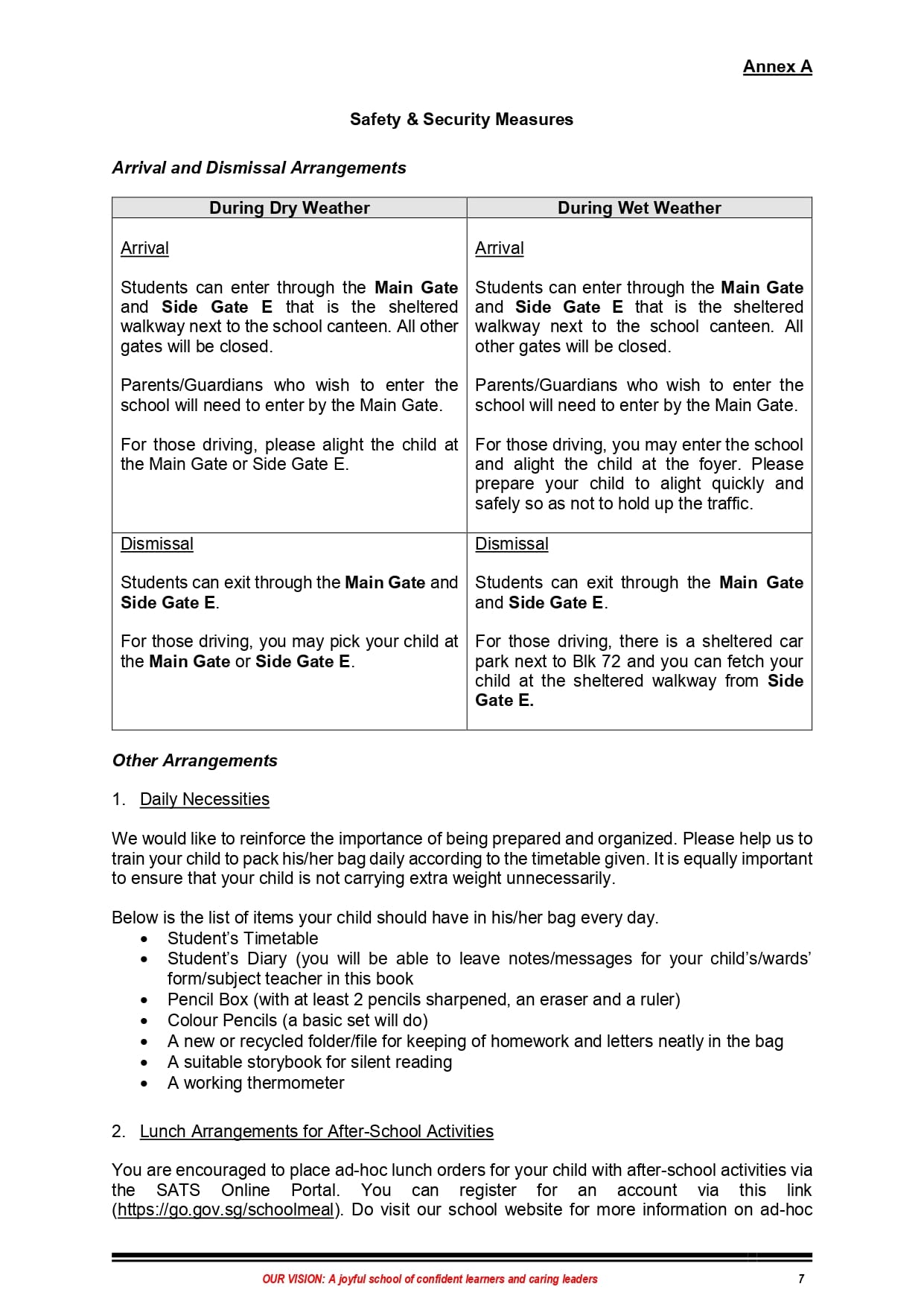 Document titled Annex A detailing school safety measures, arrival and dismissal arrangements, and daily necessities lists.