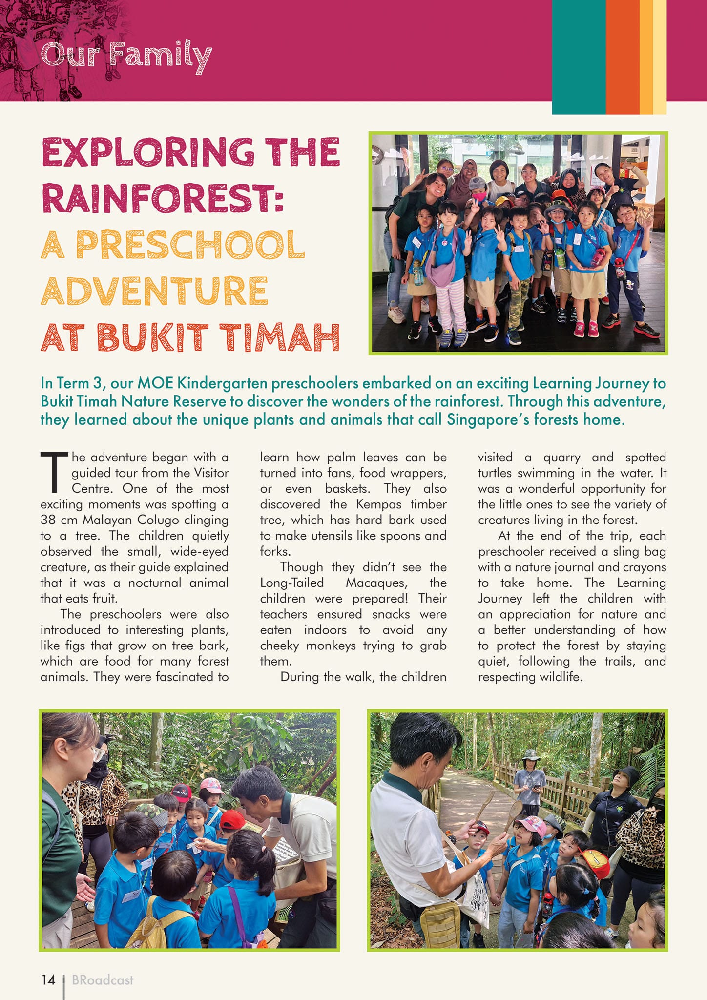 Magazine page titled "Exploring the Rainforest: A Preschool Adventure at Bukit Timah" with group photos of children and teachers.