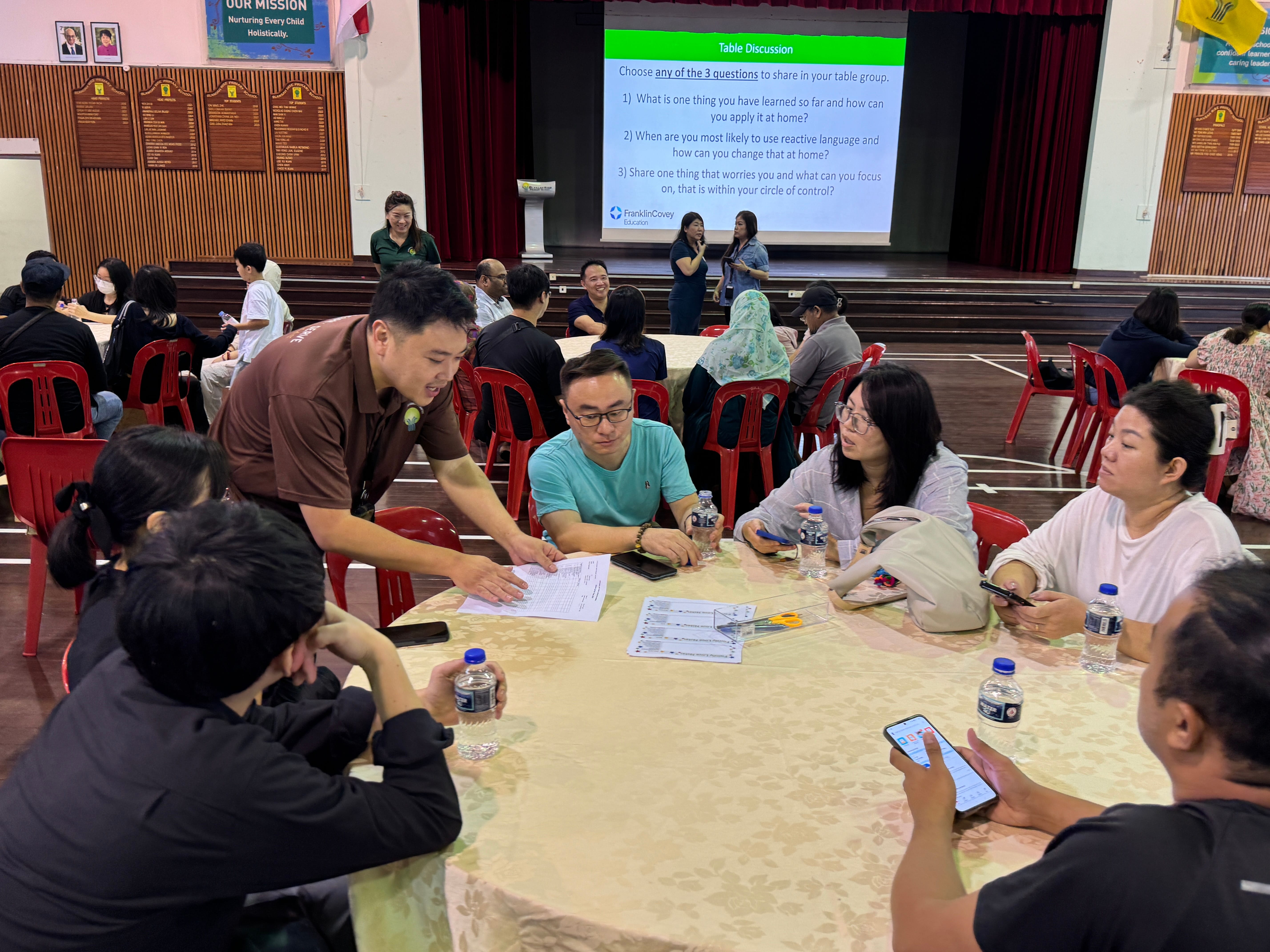 People sit at round tables in a hall as a facilitator leads discussion; projector screen shows prompts on stage.
