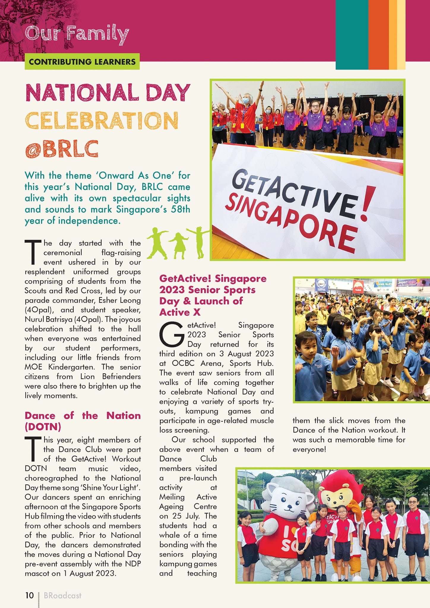 School newsletter page titled National Day Celebration at BRLC with photos of students performing and posing with mascots.