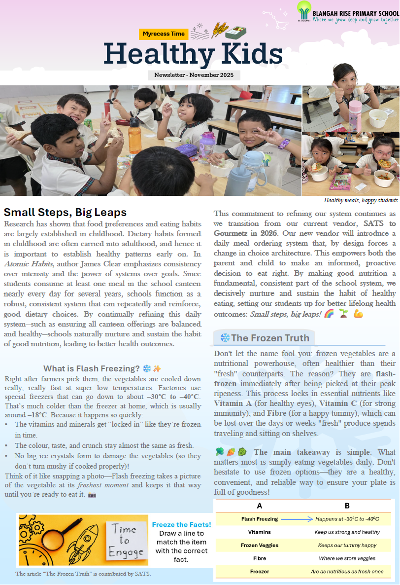 Blangah Rise Primary School Healthy Kids newsletter for November 2025 featuring articles on nutrition and student meal photos.