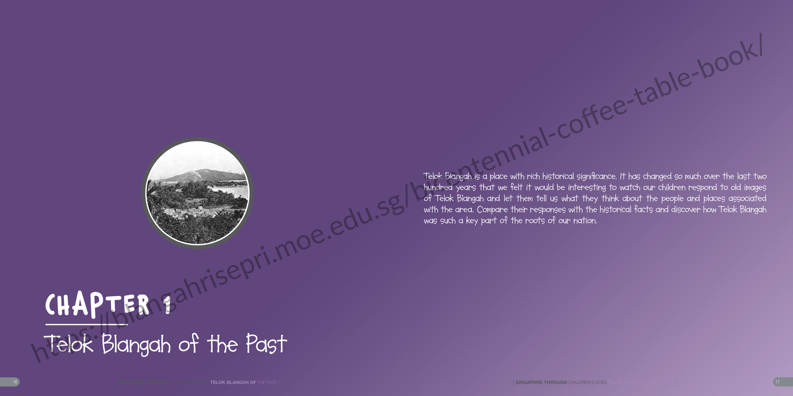 Purple book page titled Chapter 1 Telok Blangah of the Past with a circular black and white historical photo.
