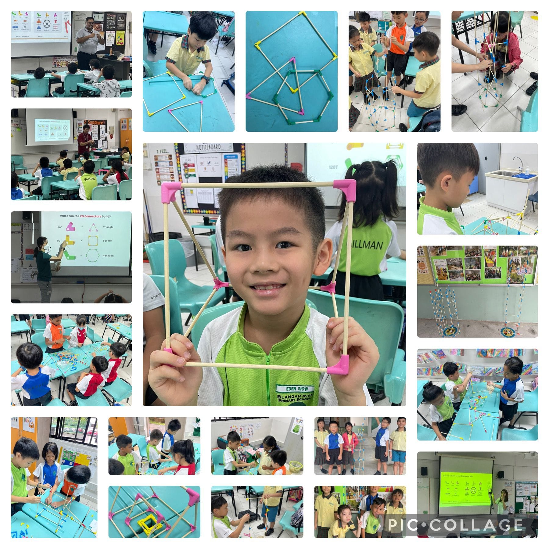 Primary school children building geometric shapes using sticks and connectors in a classroom activity.