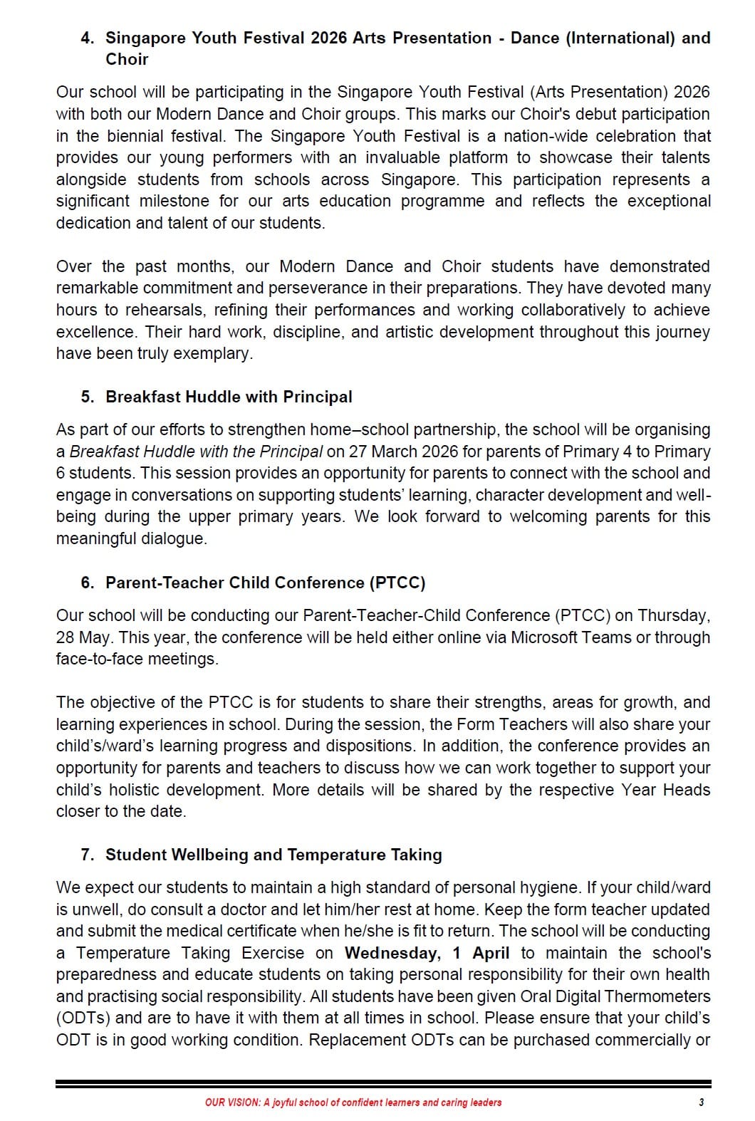 Page 3 of a school newsletter covering Singapore Youth Festival 2026, Breakfast Huddle, PTCC, and student wellbeing.
