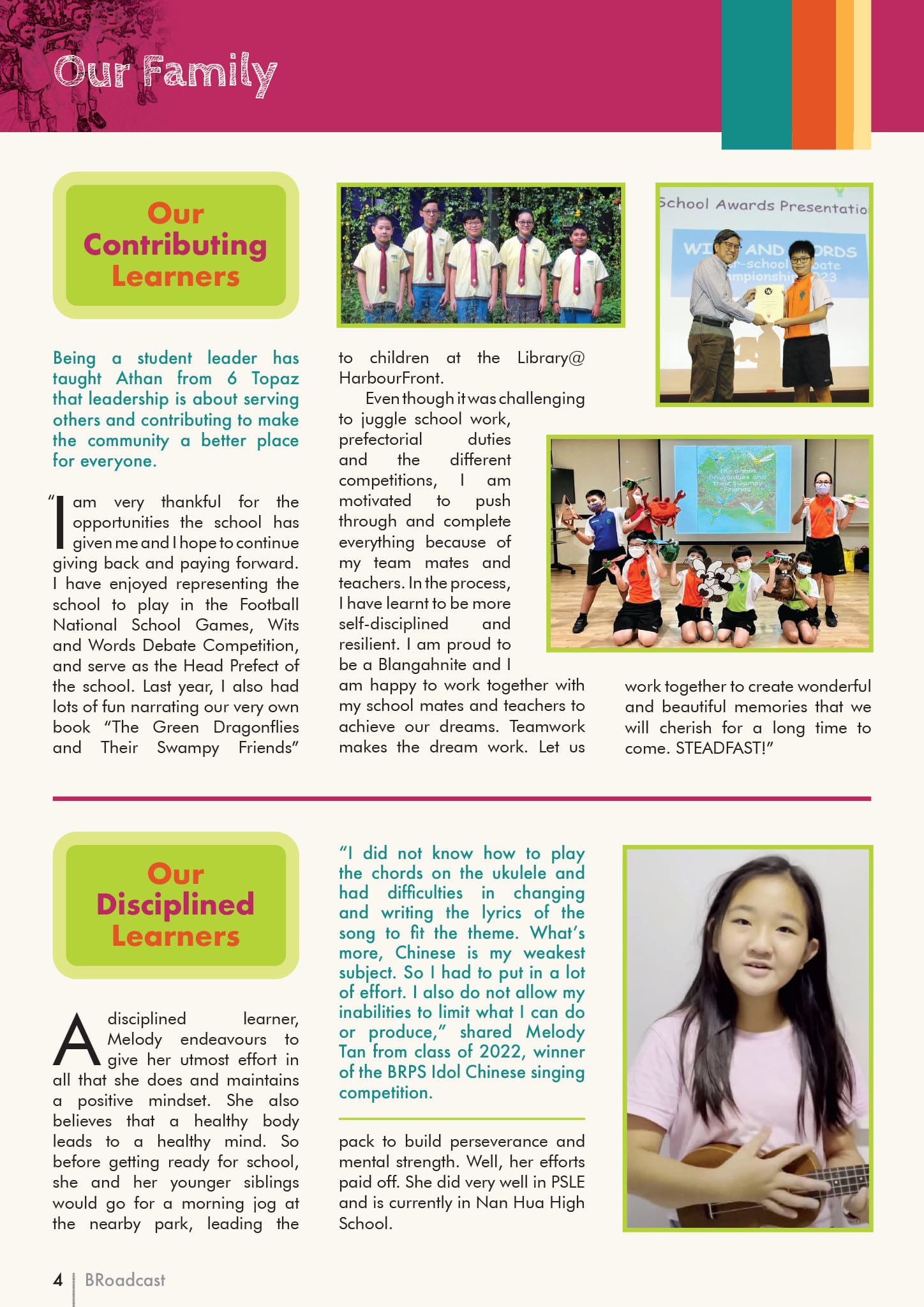 School newsletter page titled Our Family featuring student achievements, photos of pupils, and stories about contributing and disciplined learners.