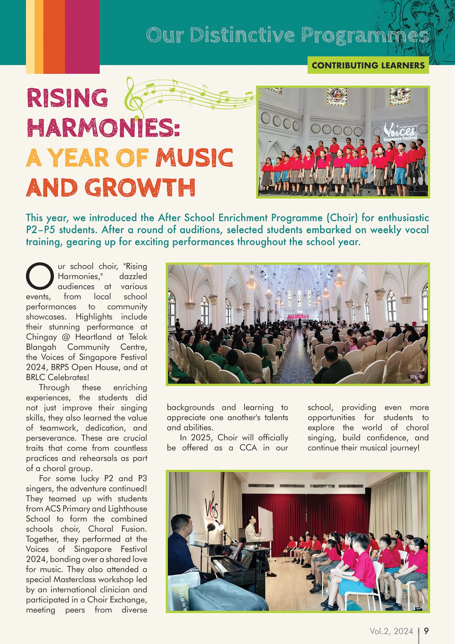 School newsletter page titled "Rising Harmonies: A Year of Music and Growth" with choir performance photos.