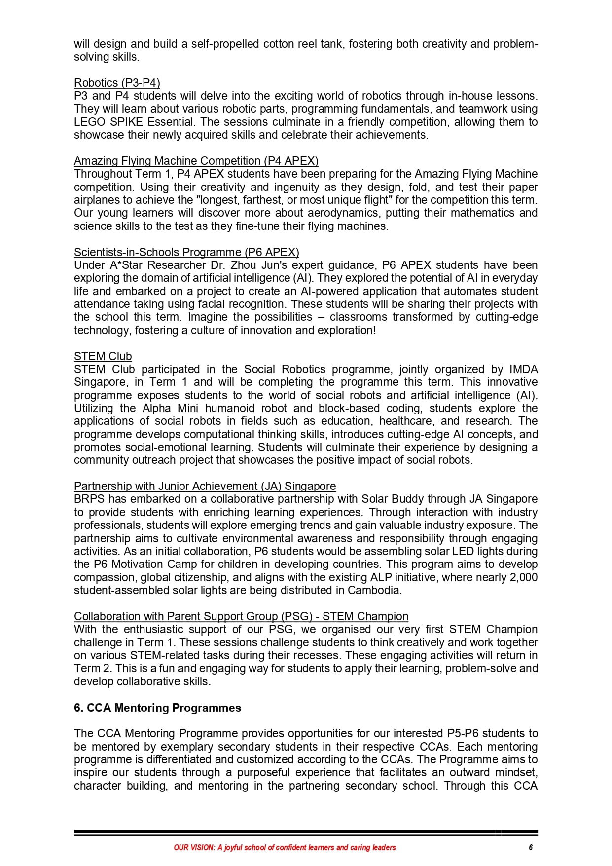 A page of a school newsletter describing STEM programs including Robotics, STEM Club, and CCA Mentoring Programmes.