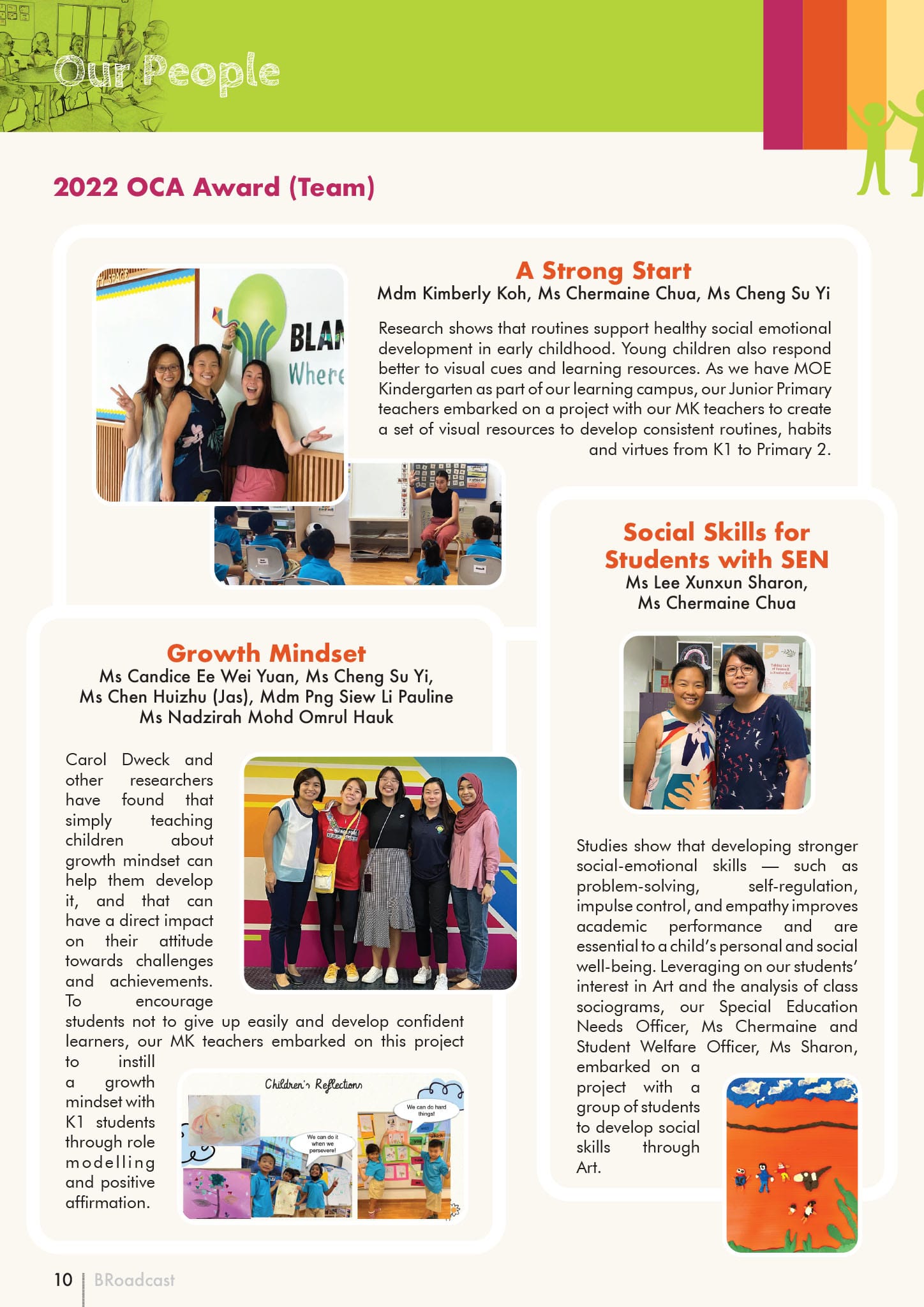 Newsletter page titled "Our People" featuring the 2022 OCA Award Team with photos of teachers and students.