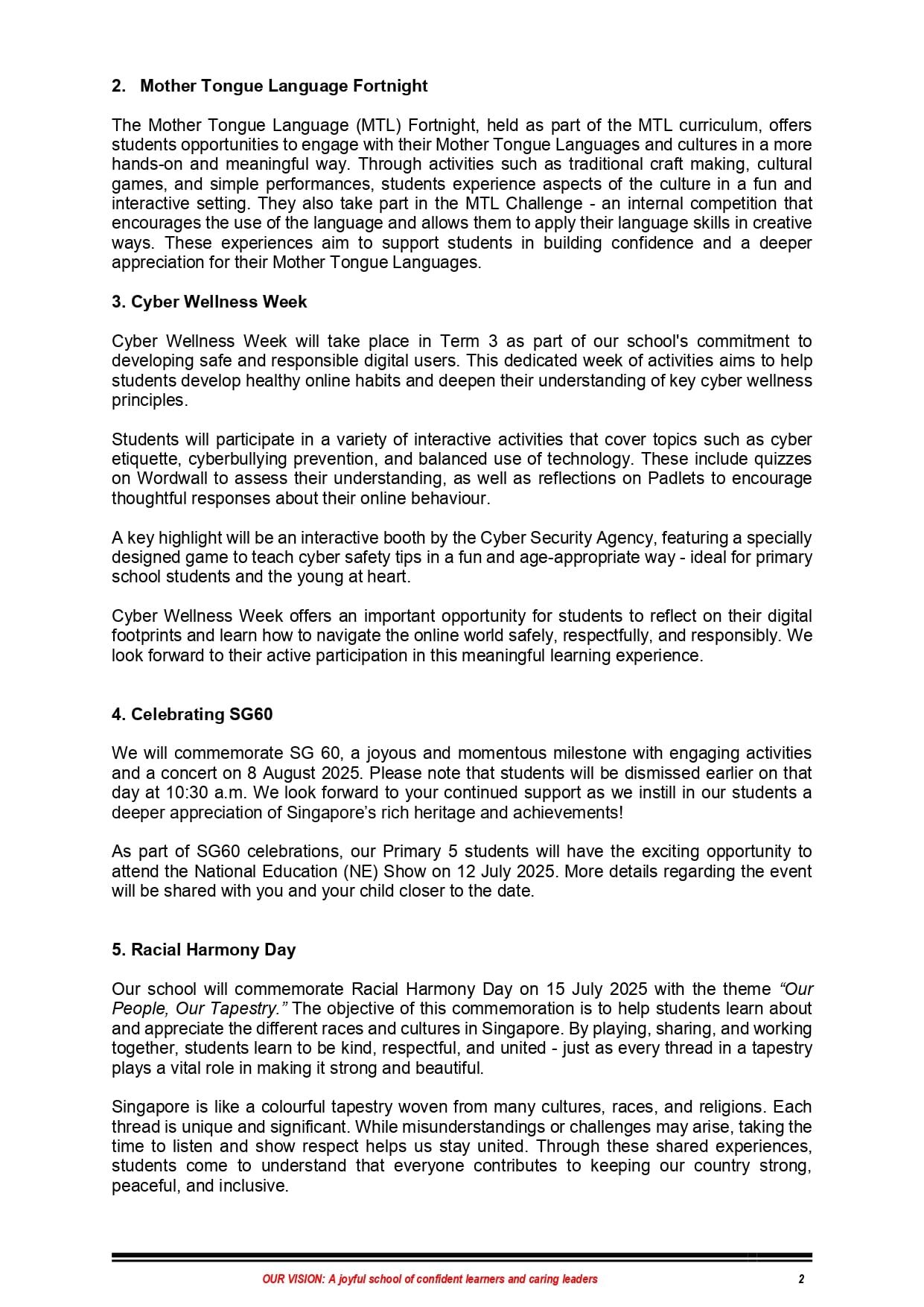 Page 2 of a school newsletter covering Mother Tongue Fortnight, Cyber Wellness Week, SG60, and Racial Harmony Day.