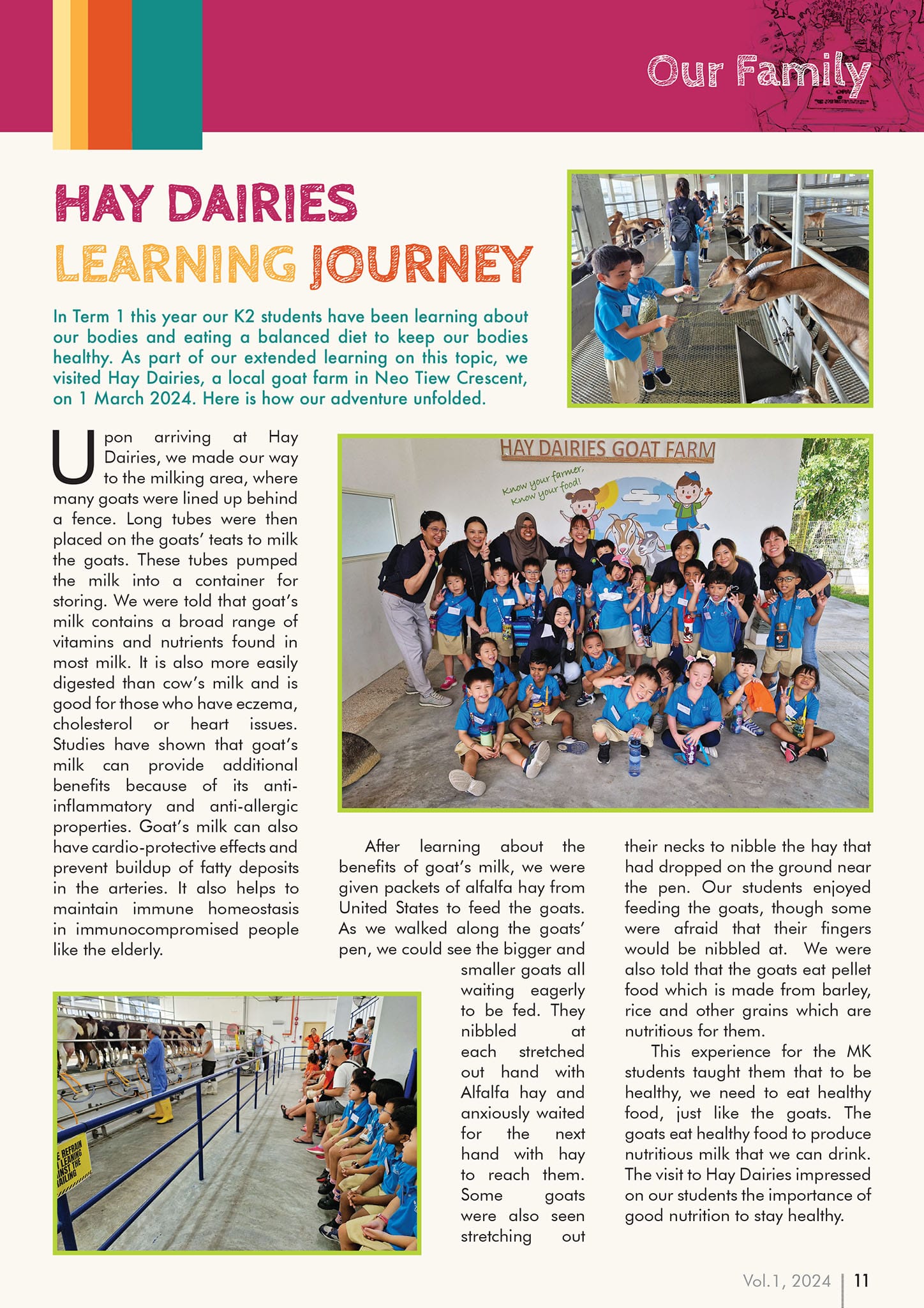 Newsletter page titled "Hay Dairies Learning Journey" with photos of children in blue shirts visiting a goat farm.