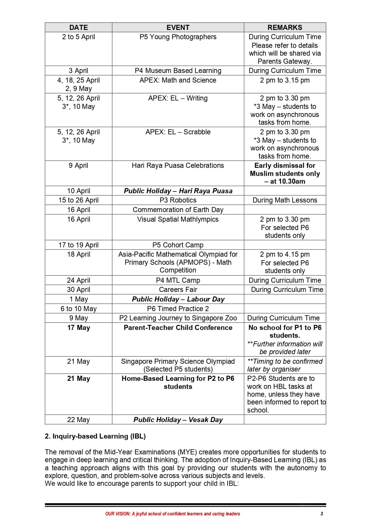 Table listing school events from April to May with dates, event names, and remarks including times and student groups.