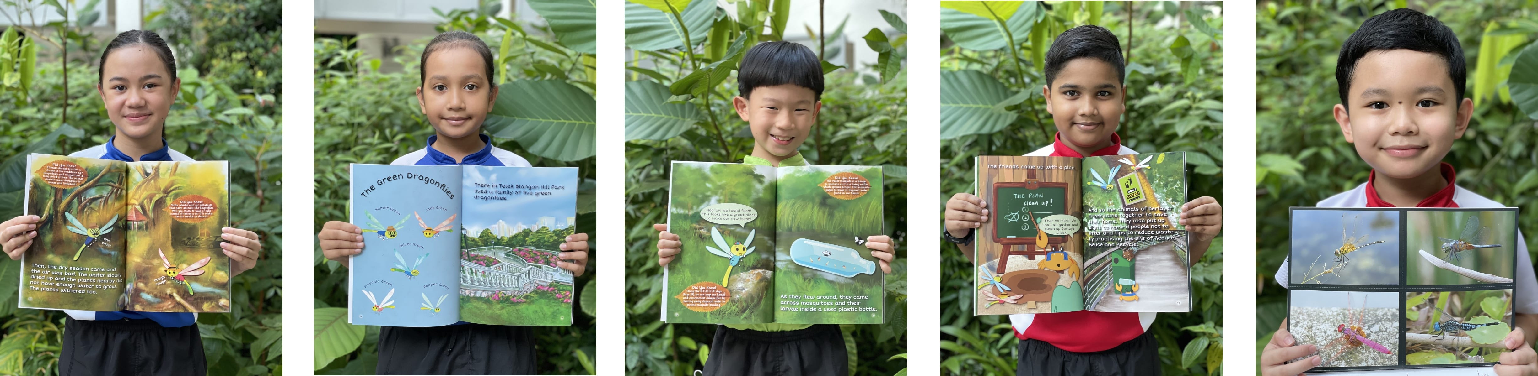 Five children smile while holding open illustrated books about dragonflies, standing in front of green plants.