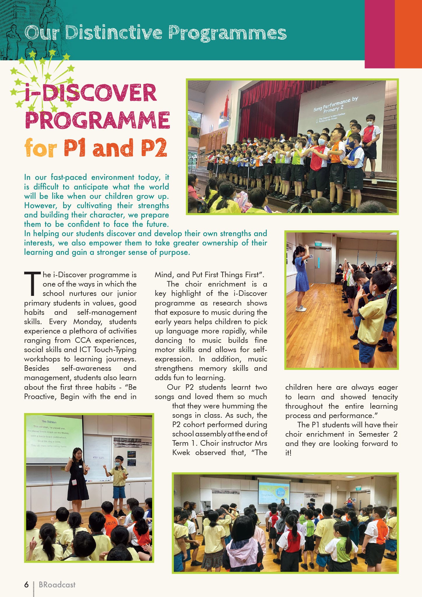 School newsletter page about the i-Discover Programme for Primary 1 and 2 students, featuring photos of children singing and learning.