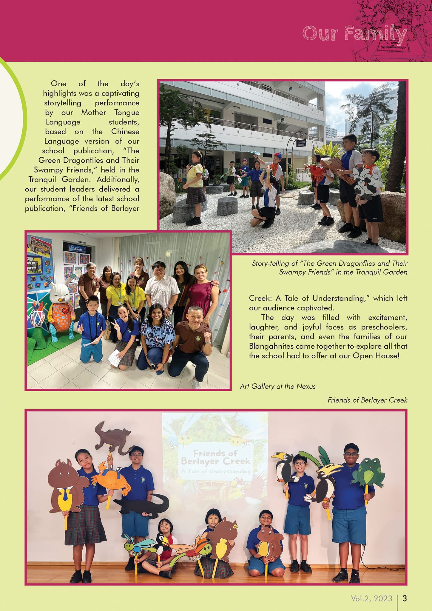 School newsletter page showing students performing storytelling, posing at an art gallery, and holding animal cutouts outdoors.