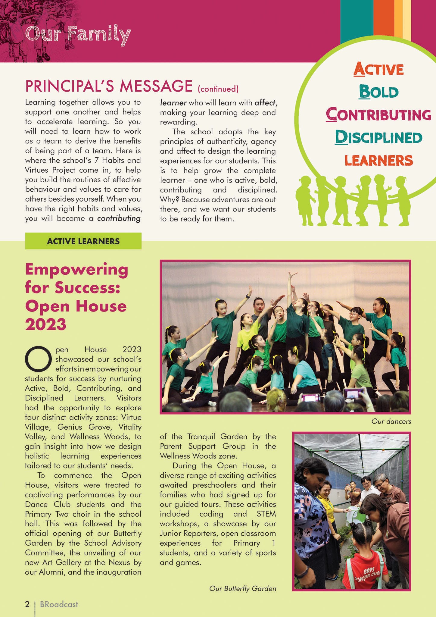 School newsletter page titled "Our Family" featuring a dance performance photo and a butterfly garden visit photo.