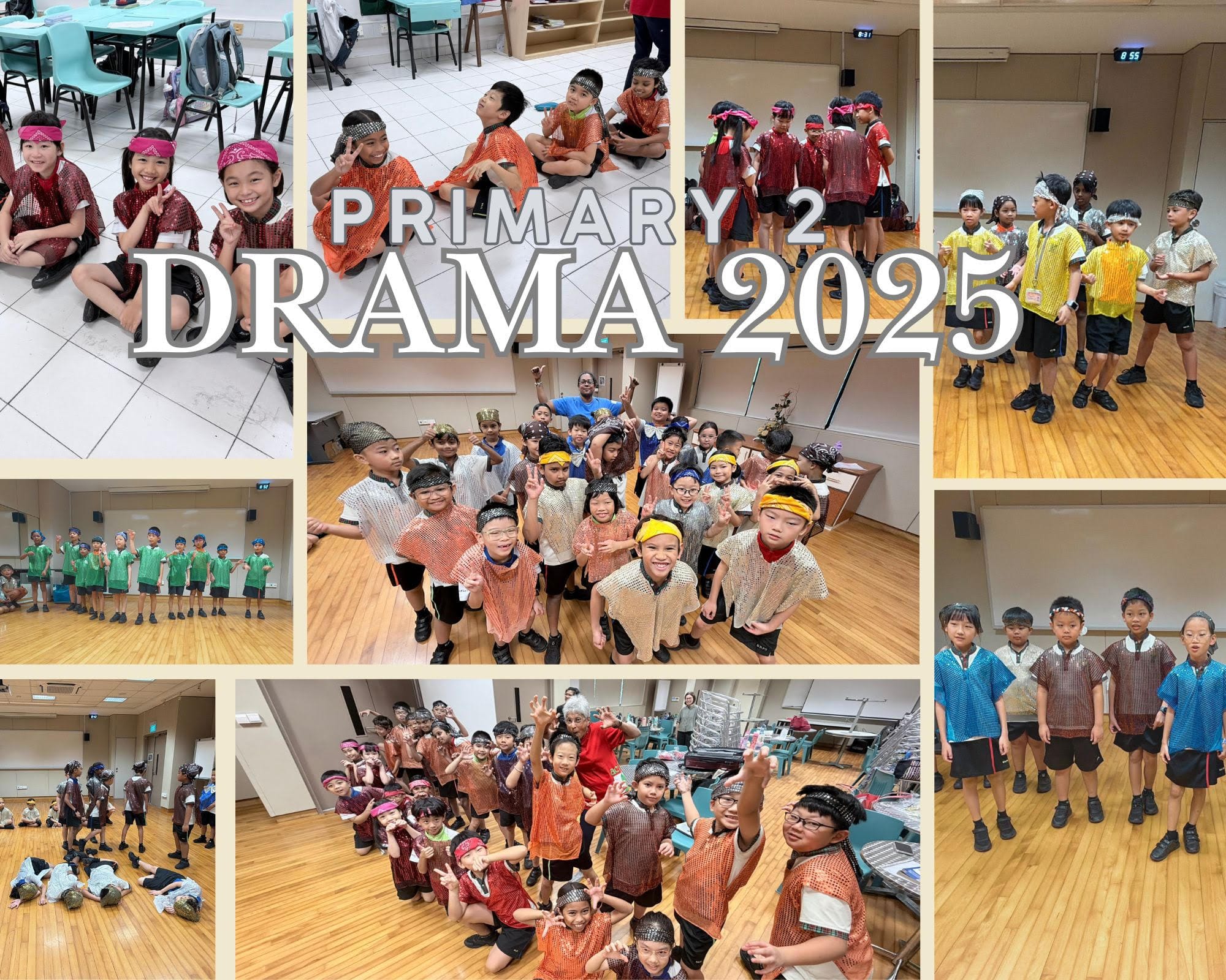 Collage of young students in colorful costumes posing for Primary 2 Drama 2025.