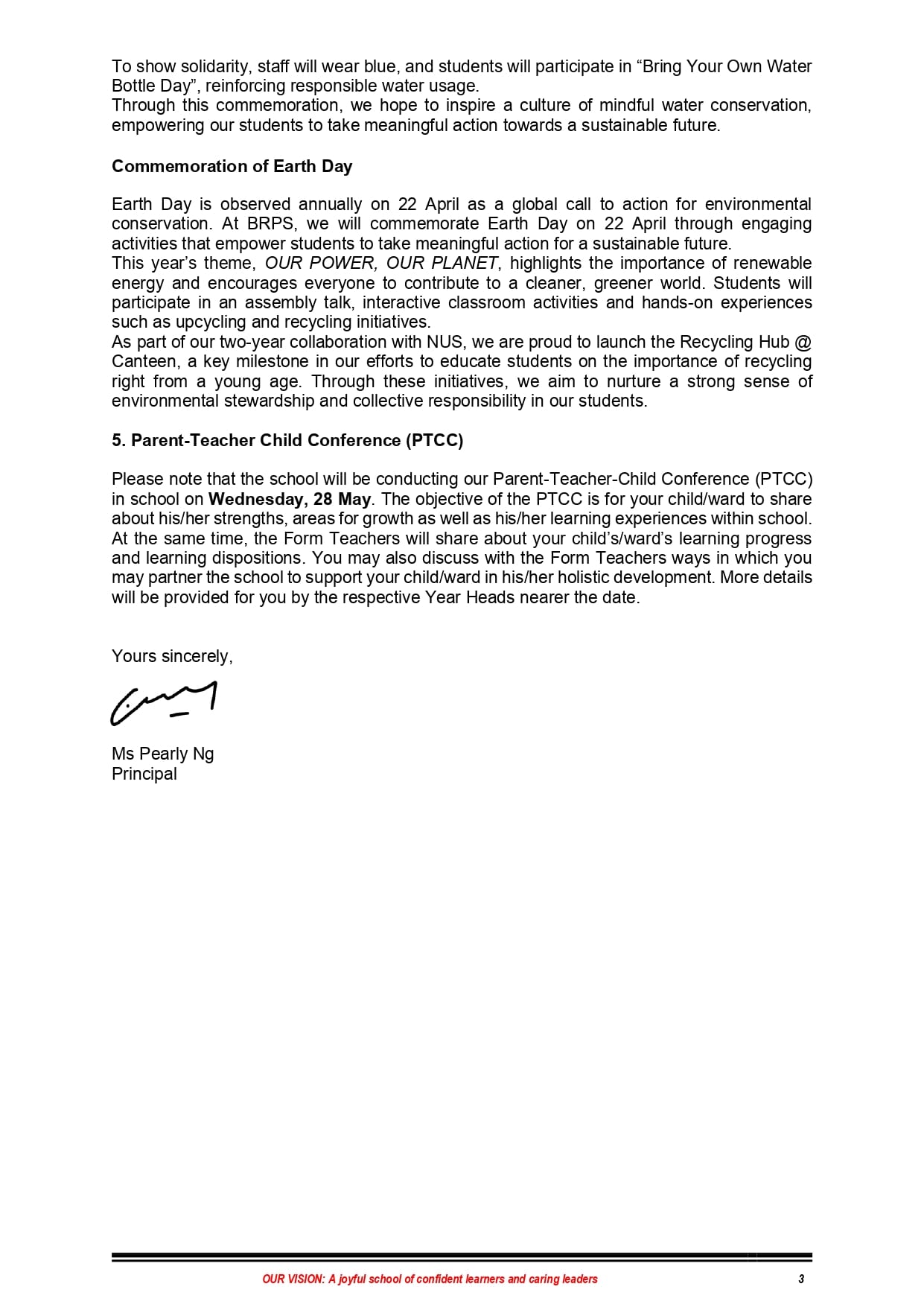 A school letter signed by Principal Ms Pearly Ng covering Earth Day and Parent-Teacher Child Conference details.