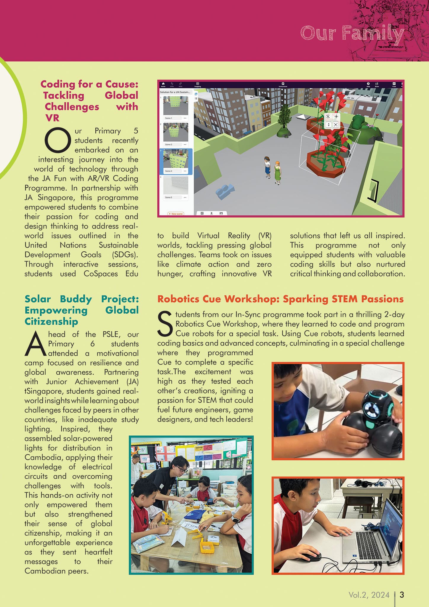 A school newsletter page showing students doing VR coding, solar buddy, and robotics Cue workshops.