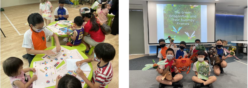 Children doing crafts at green tables left; kids holding animal puppets before a storybook slideshow right.