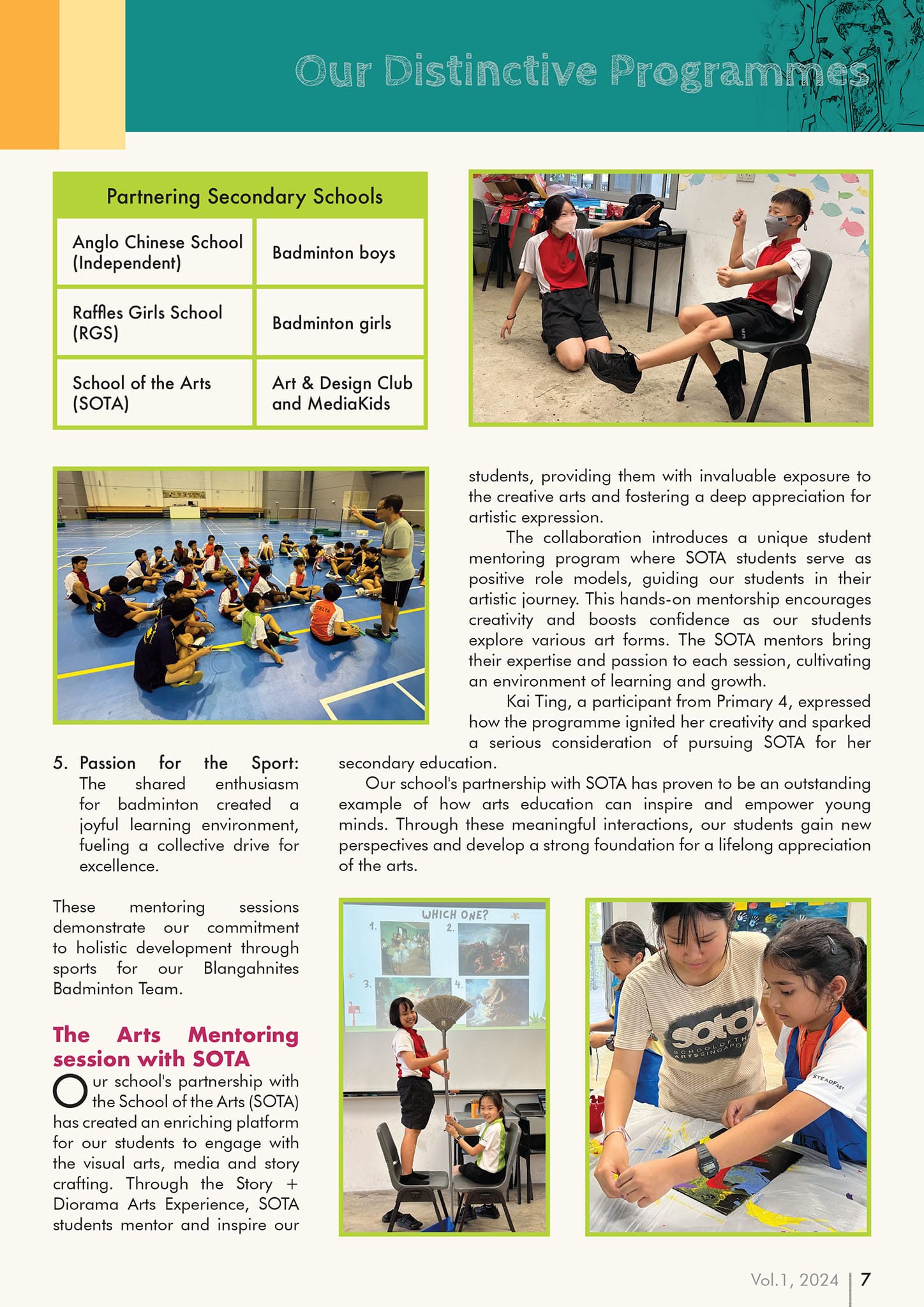 School newsletter page titled Our Distinctive Programmes showing students in badminton and arts mentoring activities with SOTA.