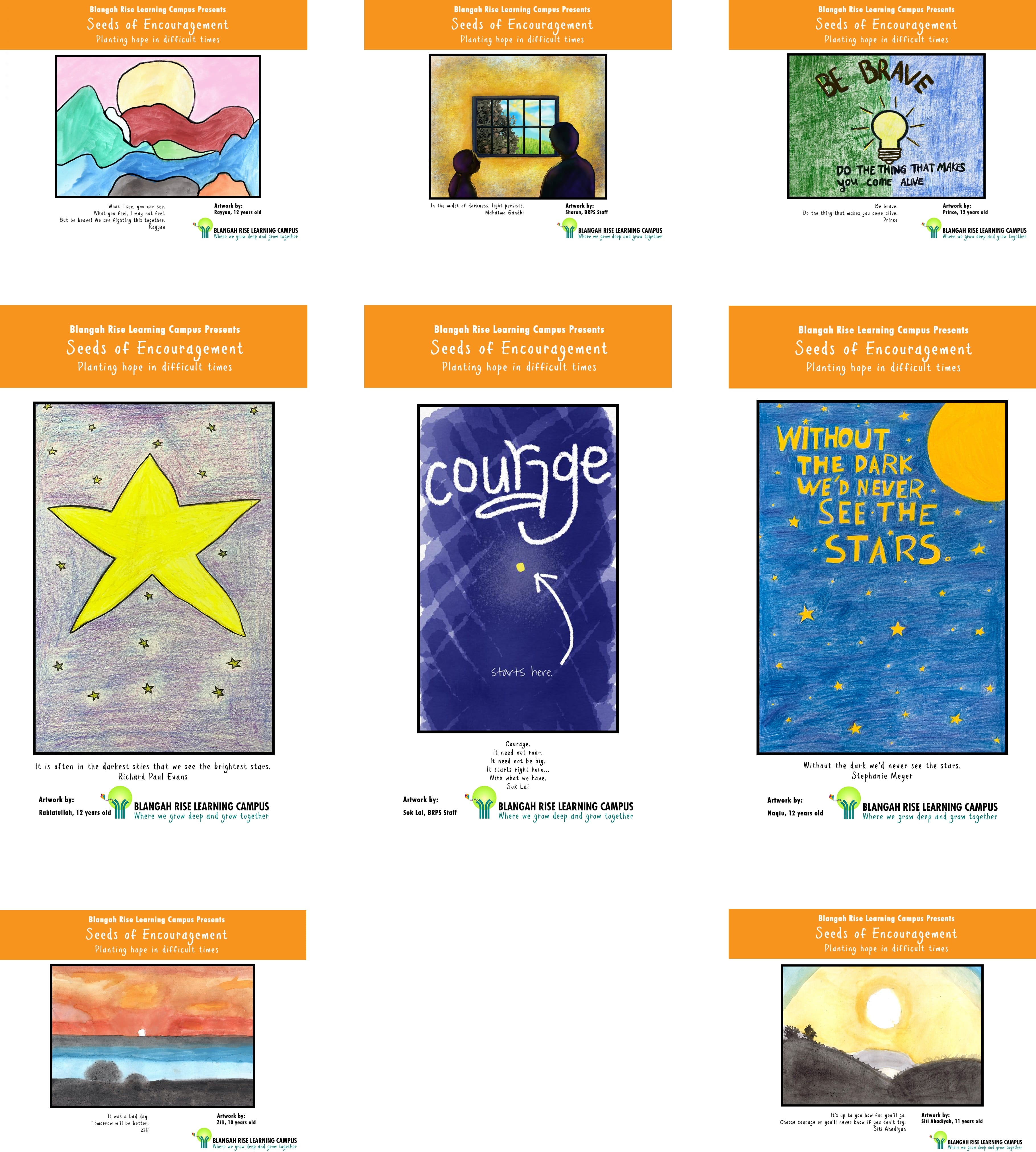 Eight Seeds of Encouragement student artwork posters from Blangah Rise Learning Campus with hopeful quotes and colorful drawings.