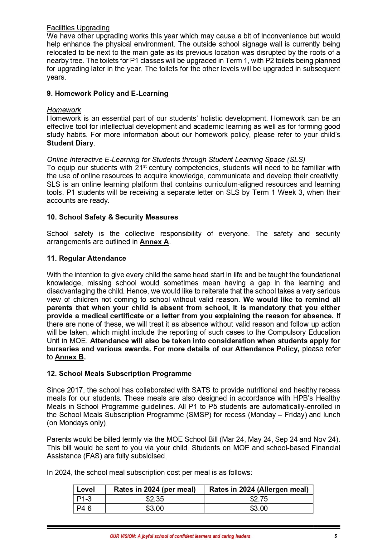 Page 5 of a school document covering homework policy, safety, attendance, and meal subscription rates in a table.