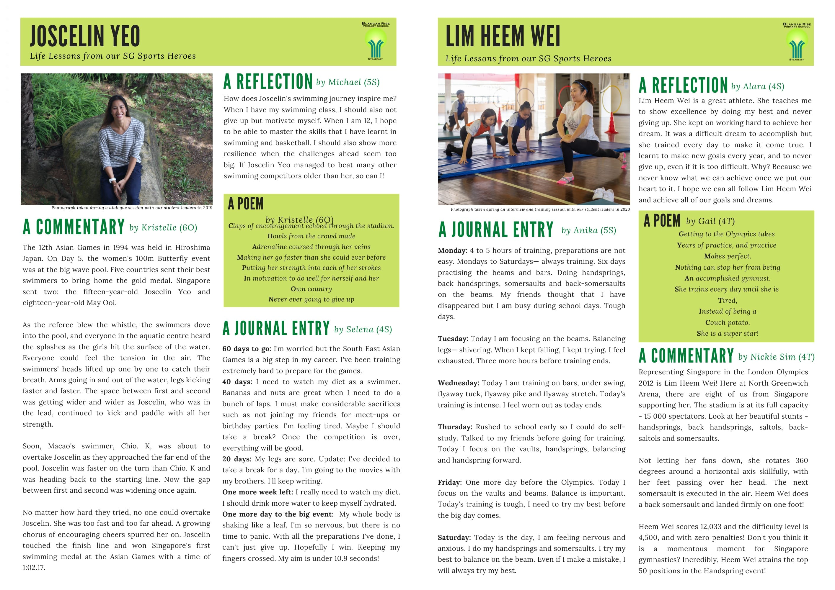 A two-page school newsletter featuring profiles of Singapore sports heroes Joscelin Yeo and Lim Heem Wei with student writing.
