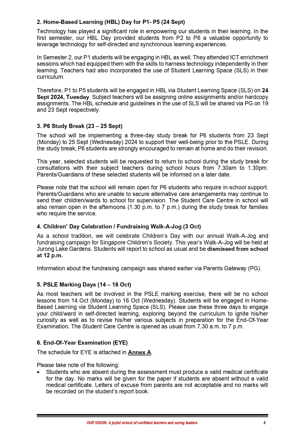Page 3 of a school newsletter covering HBL Day, P6 Study Break, Children's Day Walk-A-Jog, and End-of-Year Exam details.