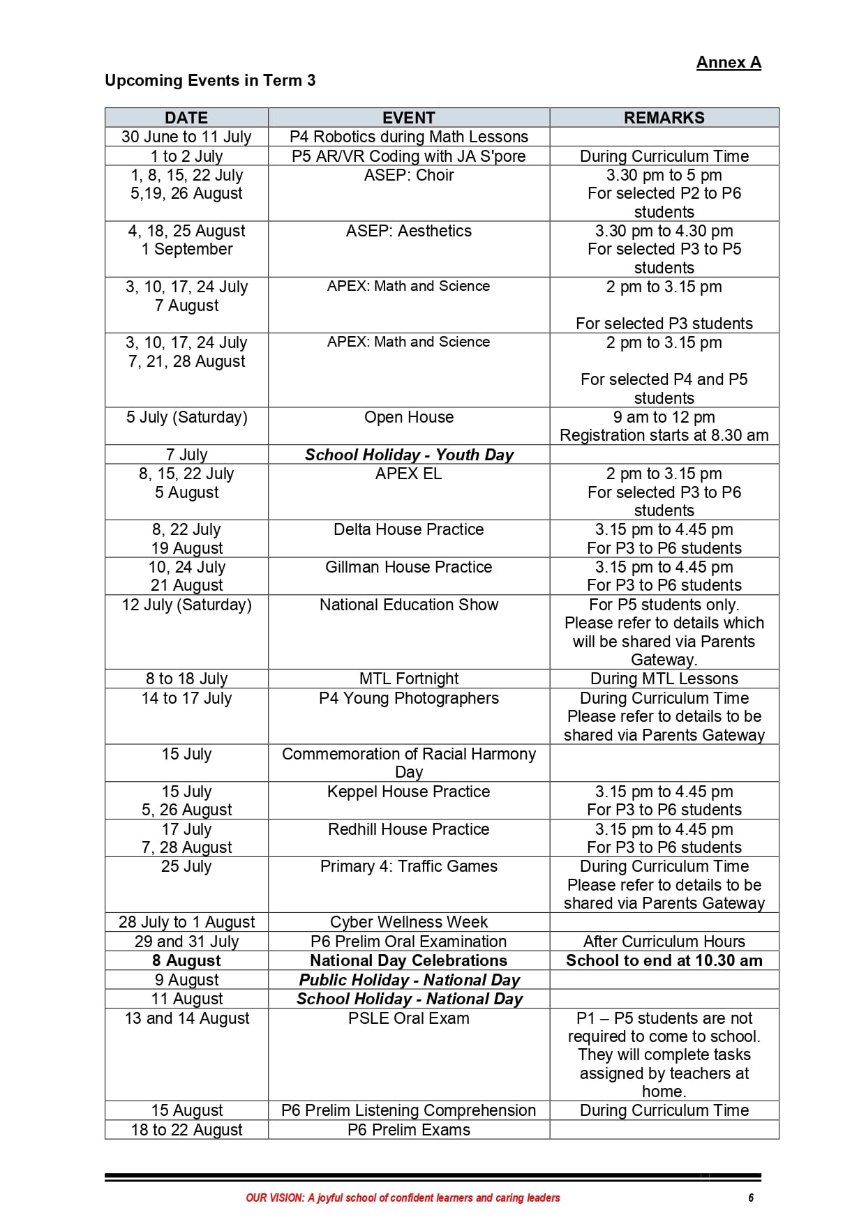 Table titled Upcoming Events in Term 3 listing school dates, events, and remarks from June to August.
