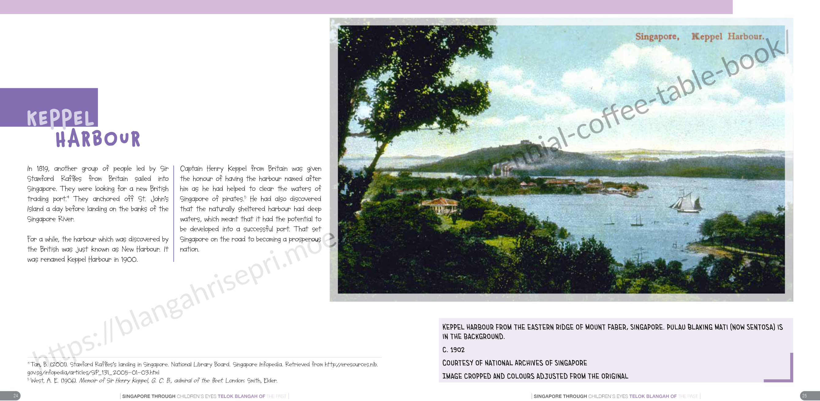 A vintage 1902 color photo of Singapore's Keppel Harbour showing calm waters, sailboats, hills, and lush greenery.