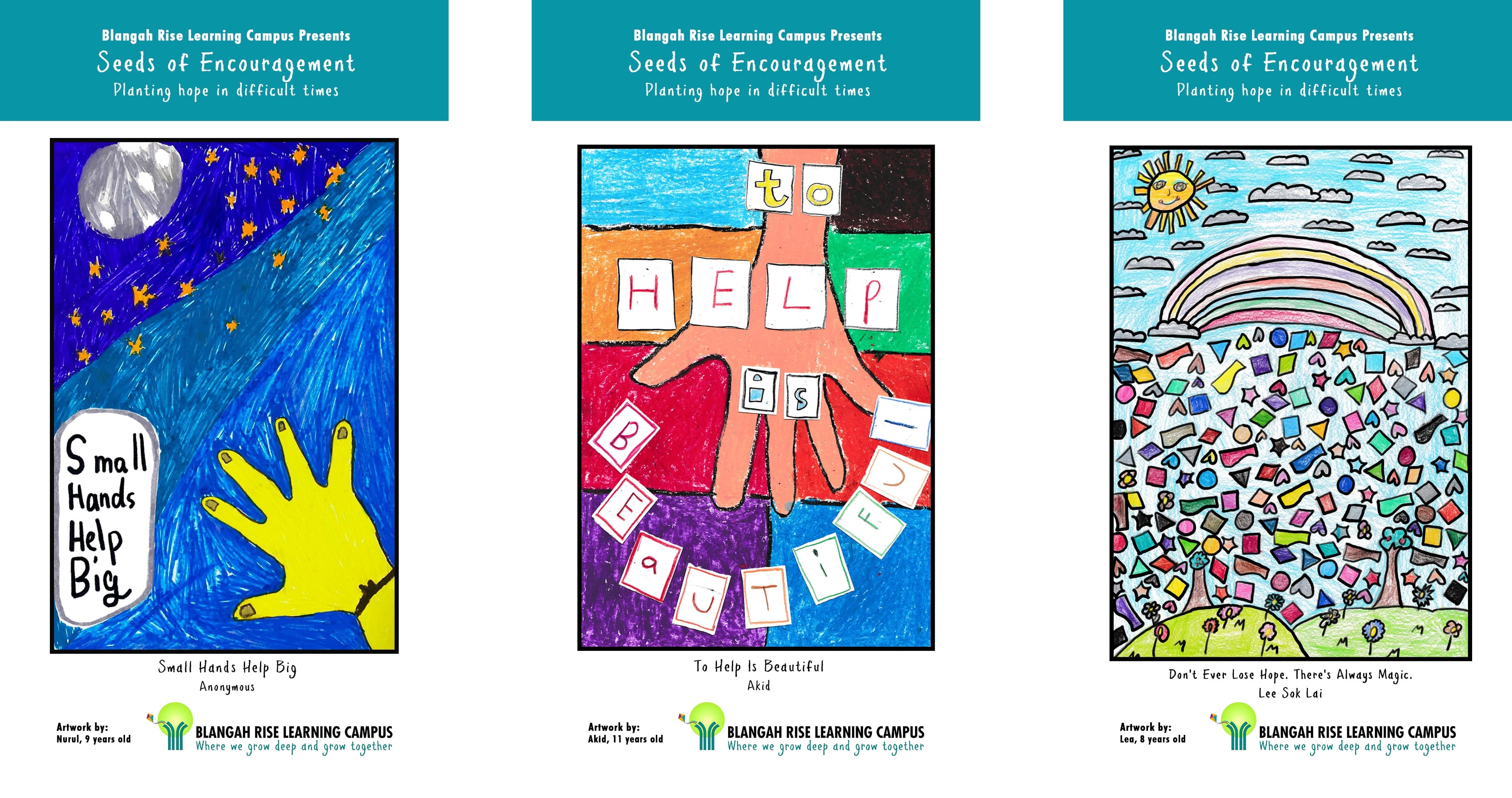Three children's drawings for Seeds of Encouragement, showing a hand under stars, a helping hand, and a rainbow with shapes.