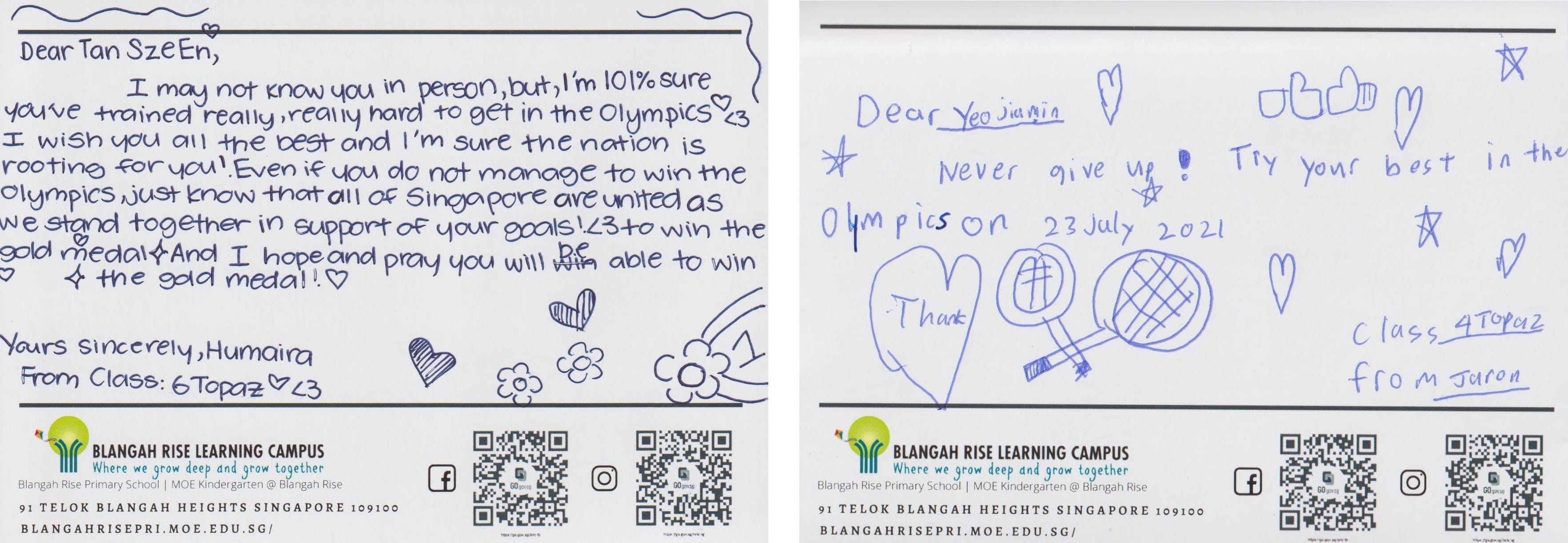 Two handwritten encouragement letters to Olympic athletes from students at Blangah Rise Learning Campus, Singapore.