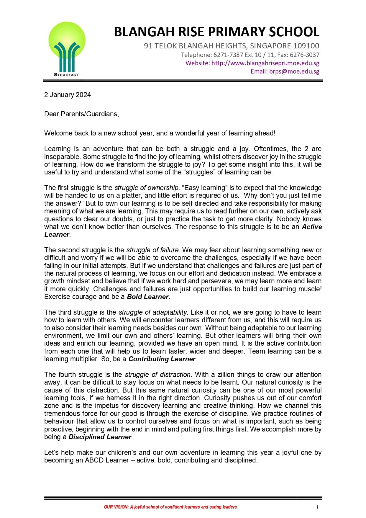 Official letter from Blangah Rise Primary School dated 2 January 2024, addressed to parents about learning struggles.