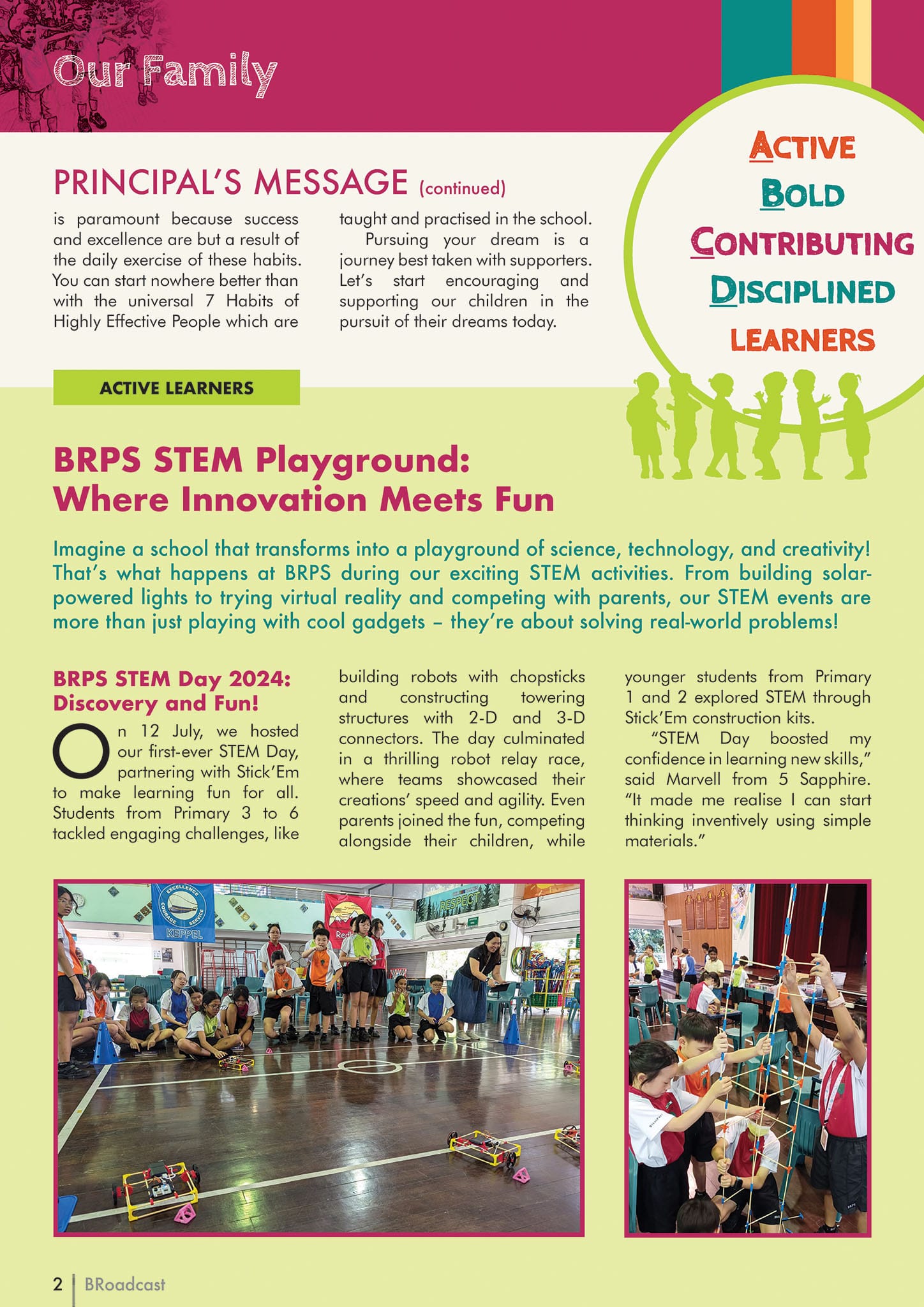 School newsletter page about BRPS STEM Day 2024, featuring student robot races and construction kit activities.