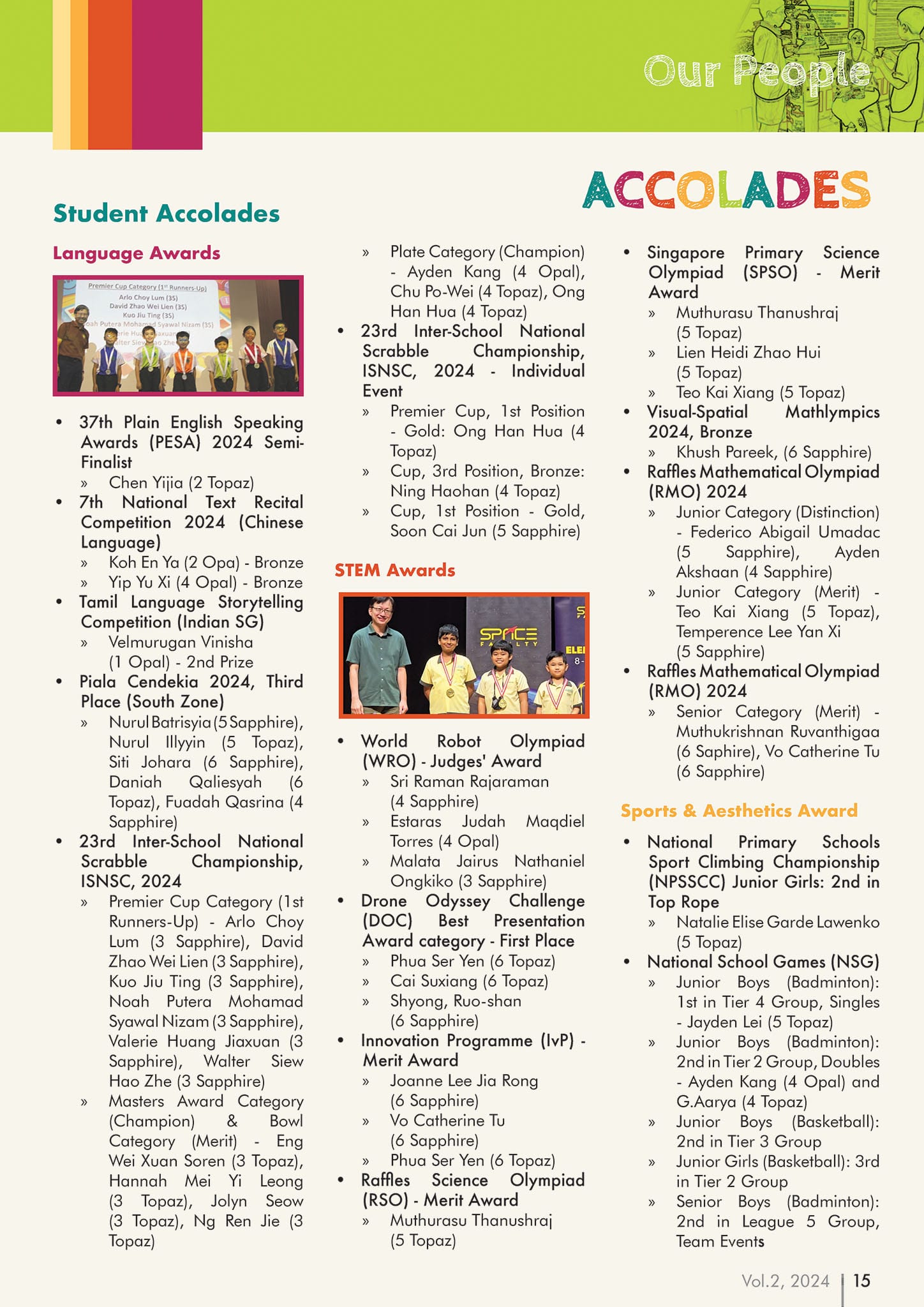 A newsletter page titled "Accolades" listing student awards in language, STEM, and sports categories.