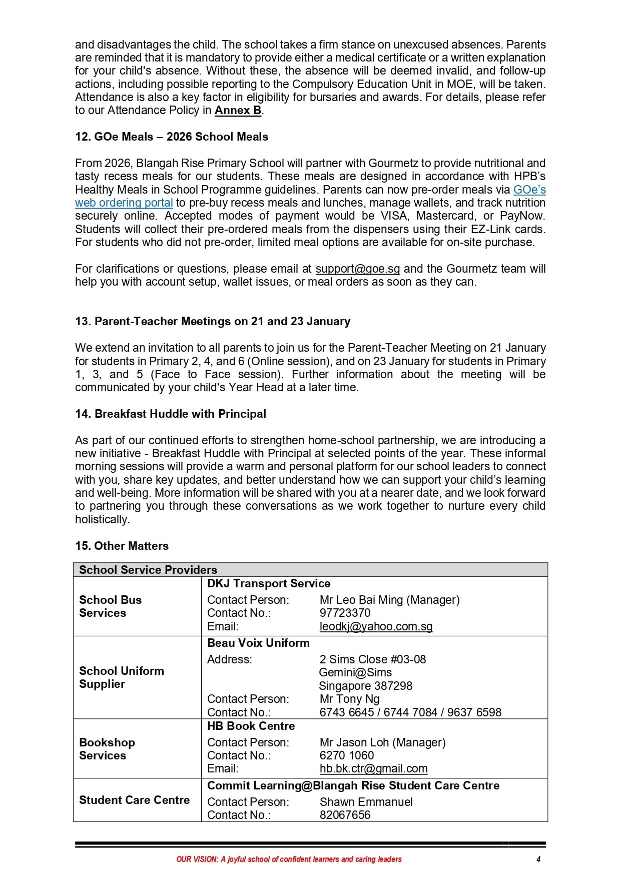 Page 4 of a school document with sections on meals, meetings, and a table of school service provider contacts.