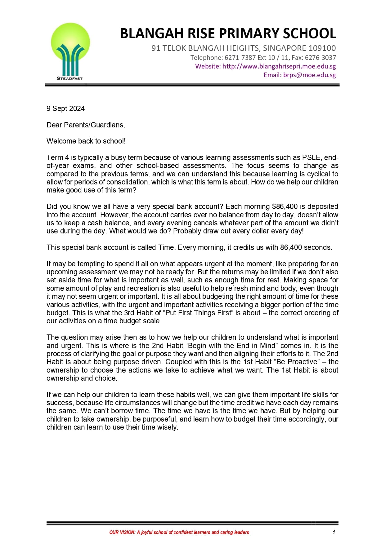 Official letter from Blangah Rise Primary School dated 9 Sept 2024, addressed to parents about Term 4 and time management.