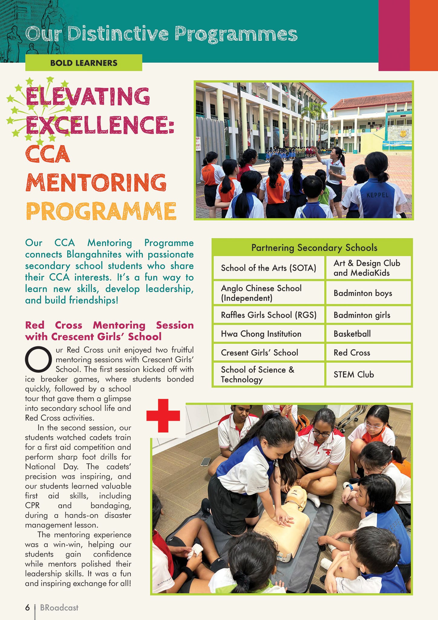 School newsletter page about a CCA Mentoring Programme, showing students outdoors and practicing CPR on a mannequin.