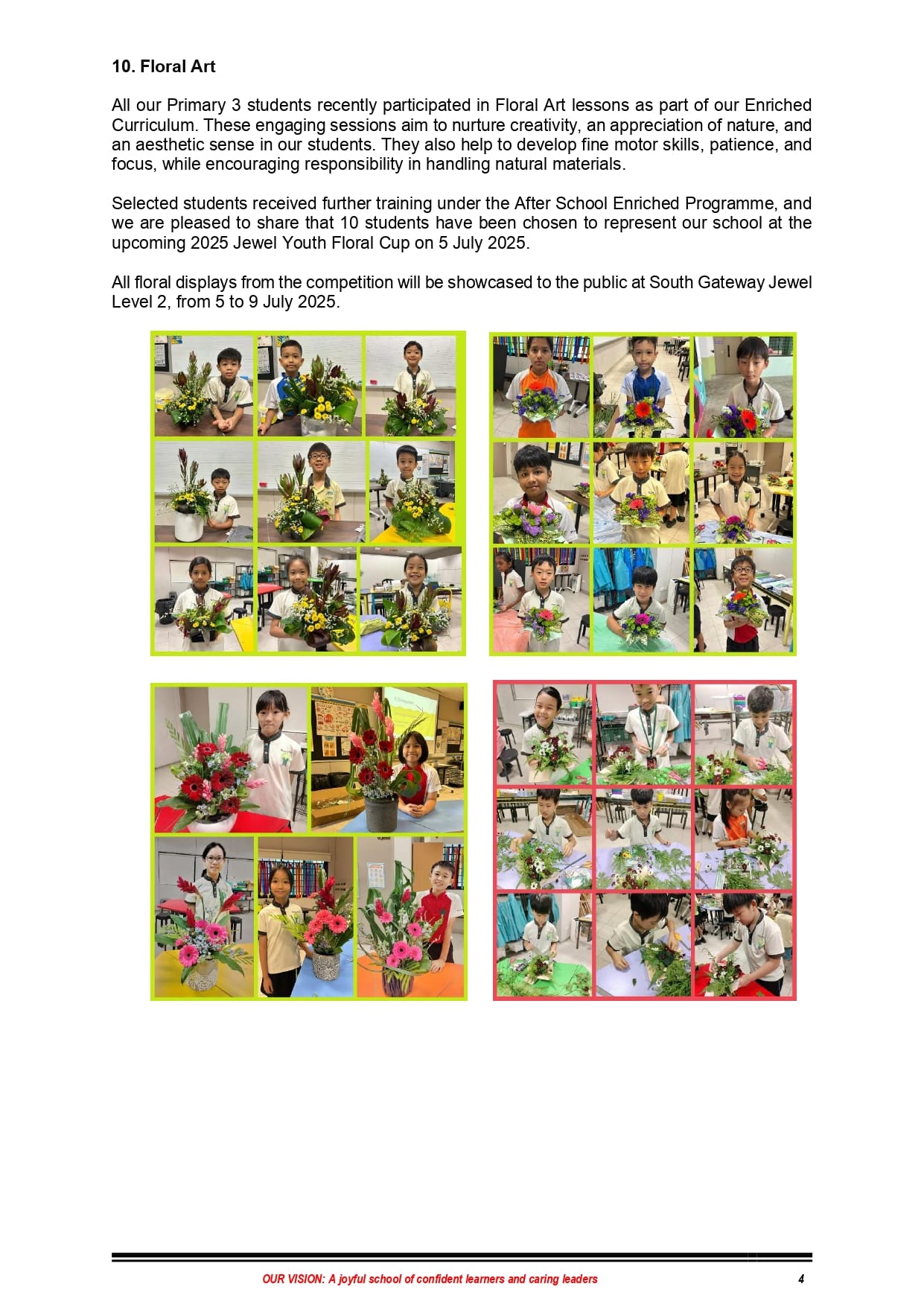 School newsletter page showing young students posing with colorful floral arrangements during Floral Art lessons.
