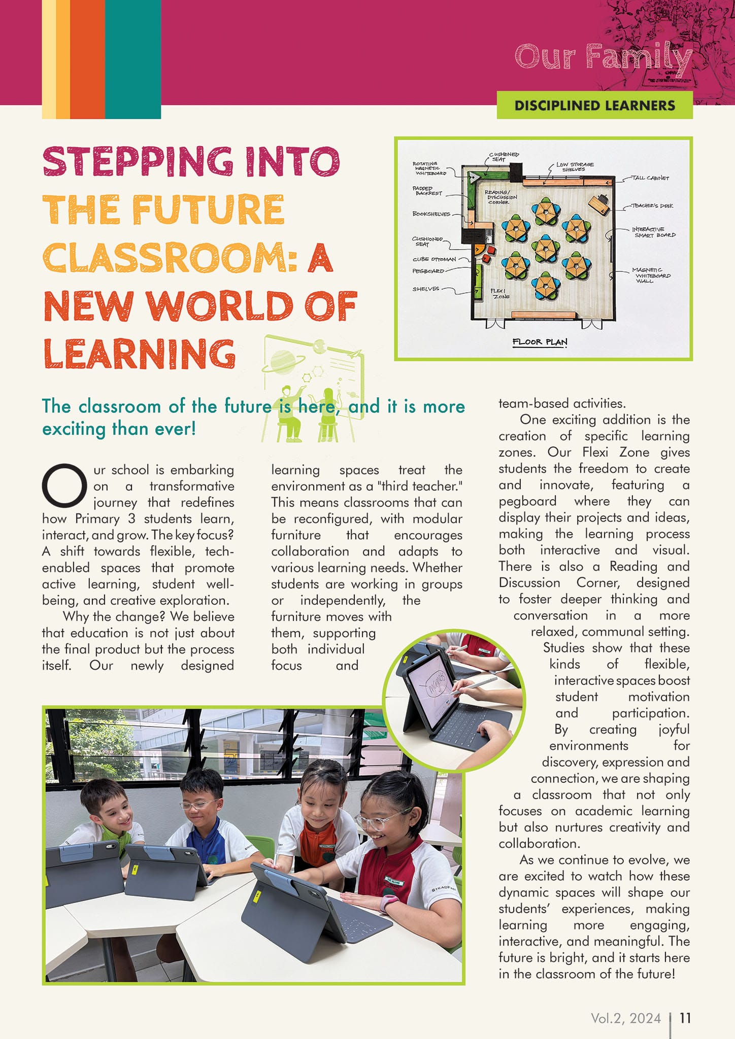 Magazine page titled "Stepping Into The Future Classroom" with student photos and a colorful classroom floor plan diagram.