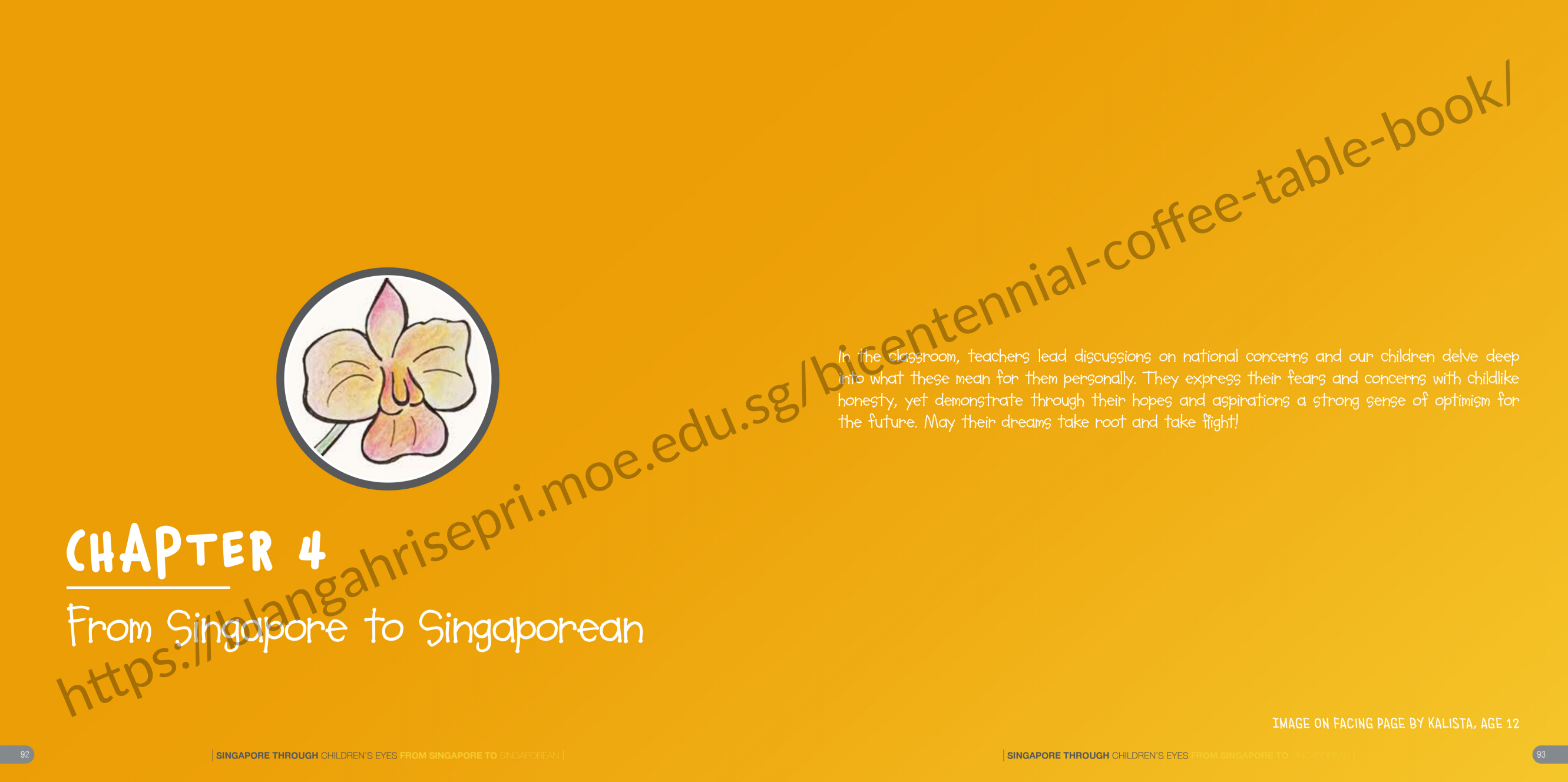 Book page with orange background showing Chapter 4 titled From Singapore to Singaporean, with a circular orchid drawing.